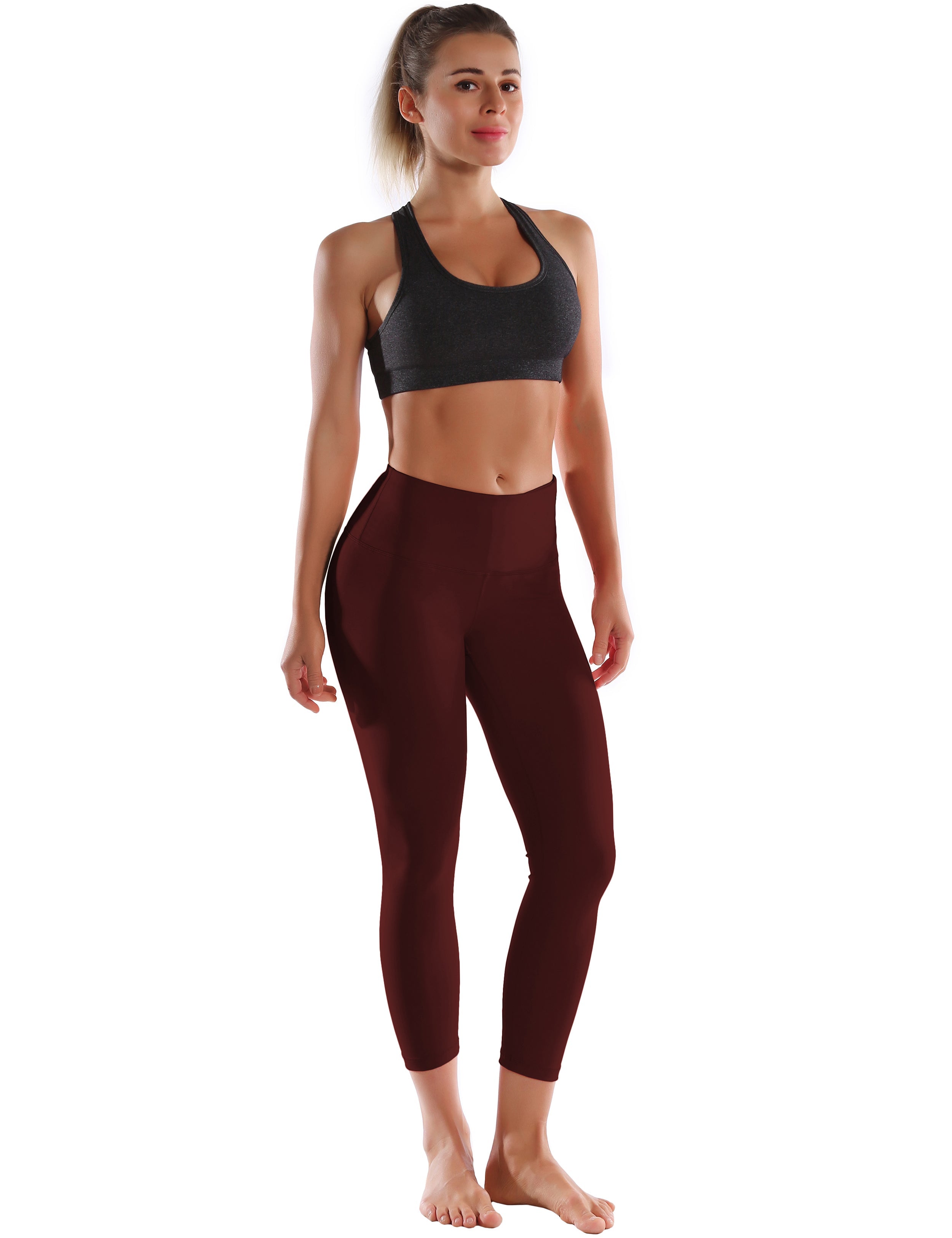 22" High Waist Crop Tight Capris mahoganymaroon 75%Nylon/25%Spandex Fabric doesn't attract lint easily 4-way stretch No see-through Moisture-wicking Tummy control Inner pocket