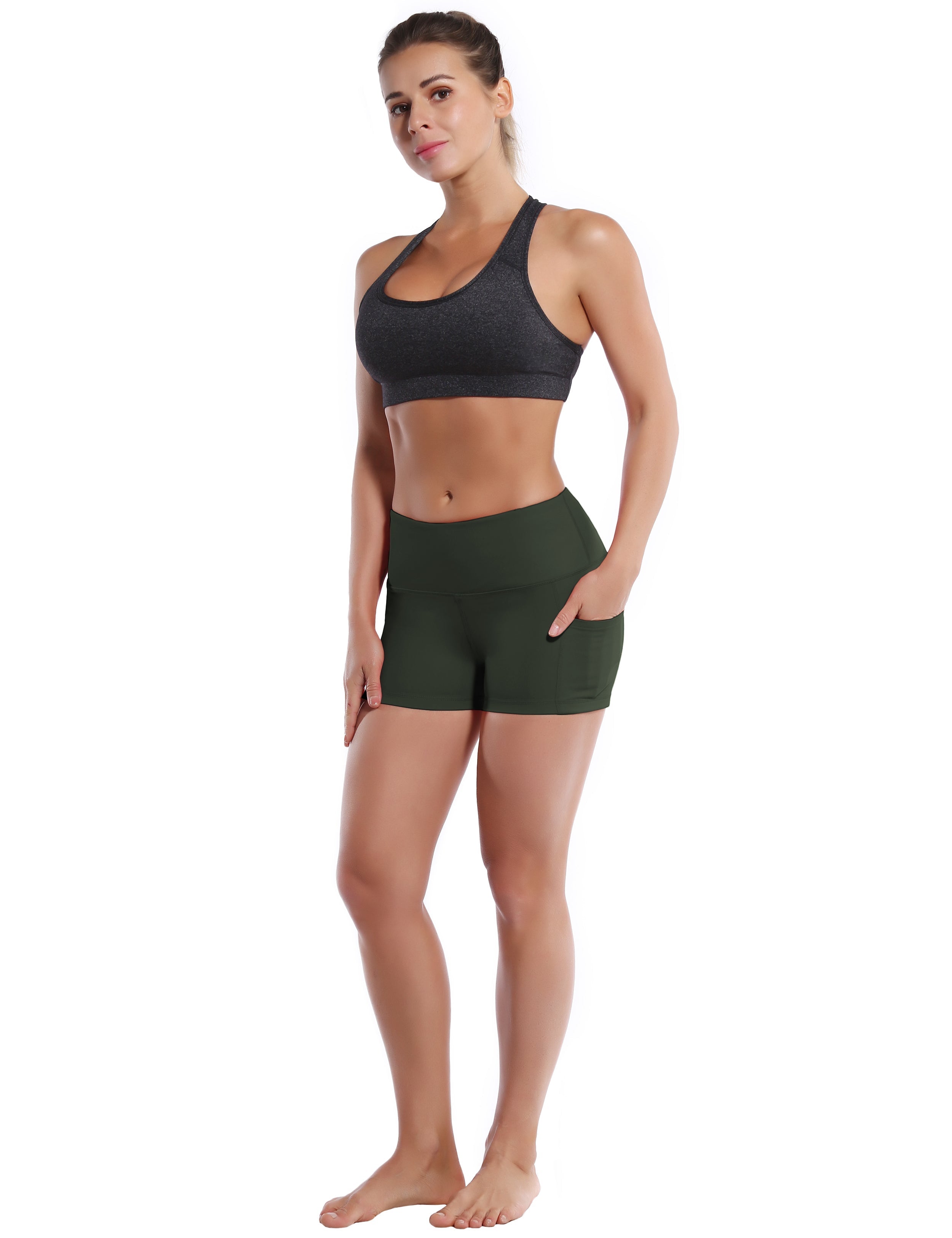 2.5" Side Pockets Gym Shorts olivegray Sleek, soft, smooth and totally comfortable: our newest sexy style is here. Softest-ever fabric High elasticity High density 4-way stretch Fabric doesn't attract lint easily No see-through Moisture-wicking Machine wash 78% Polyester, 22% Spandex