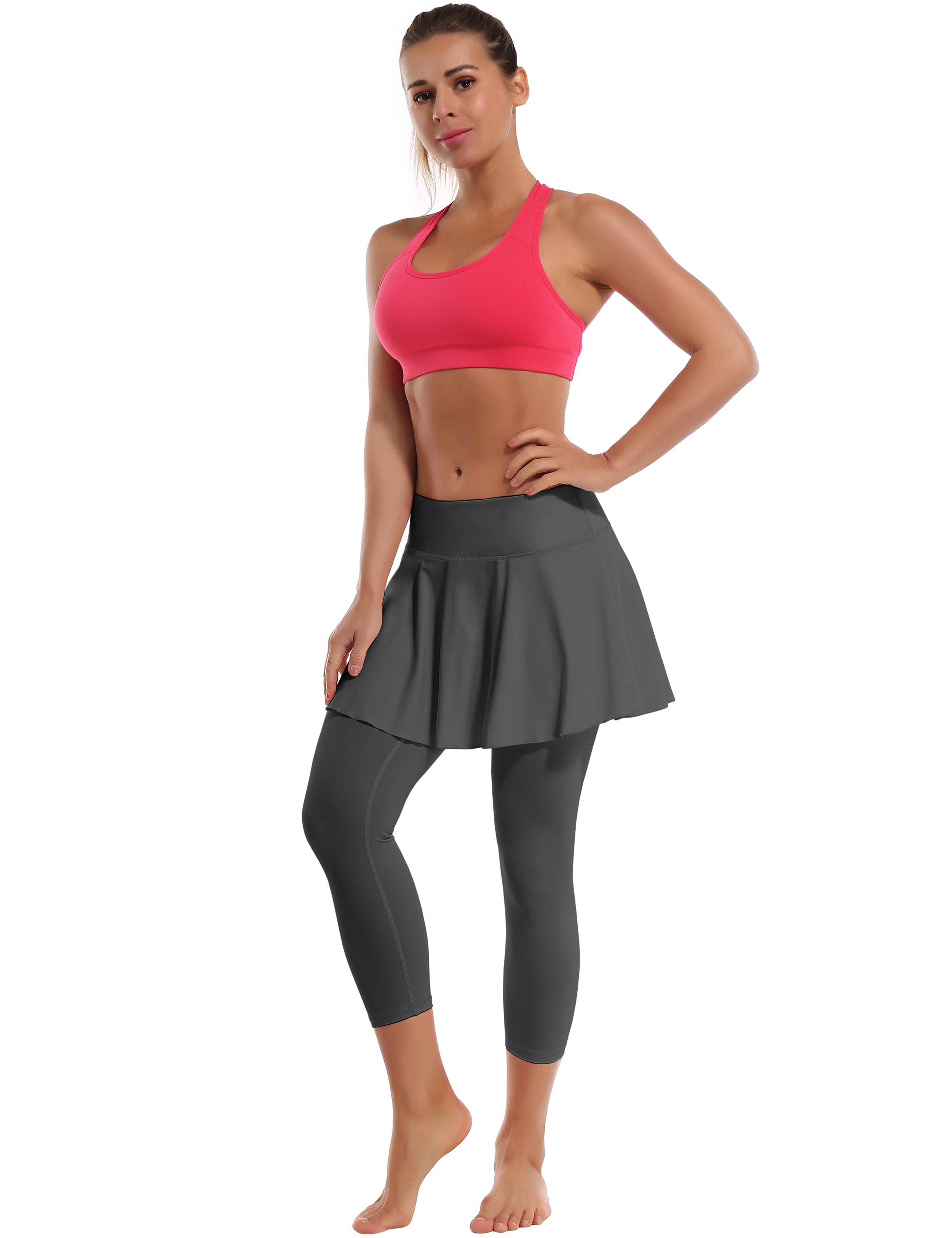 19" Capris Tennis Golf Skirted Leggings with Pockets shadowcharcoal 80%Nylon/20%Spandex UPF 50+ sun protection Elastic closure Lightweight, Wrinkle Moisture wicking Quick drying Secure & comfortable two layer Hidden pocket