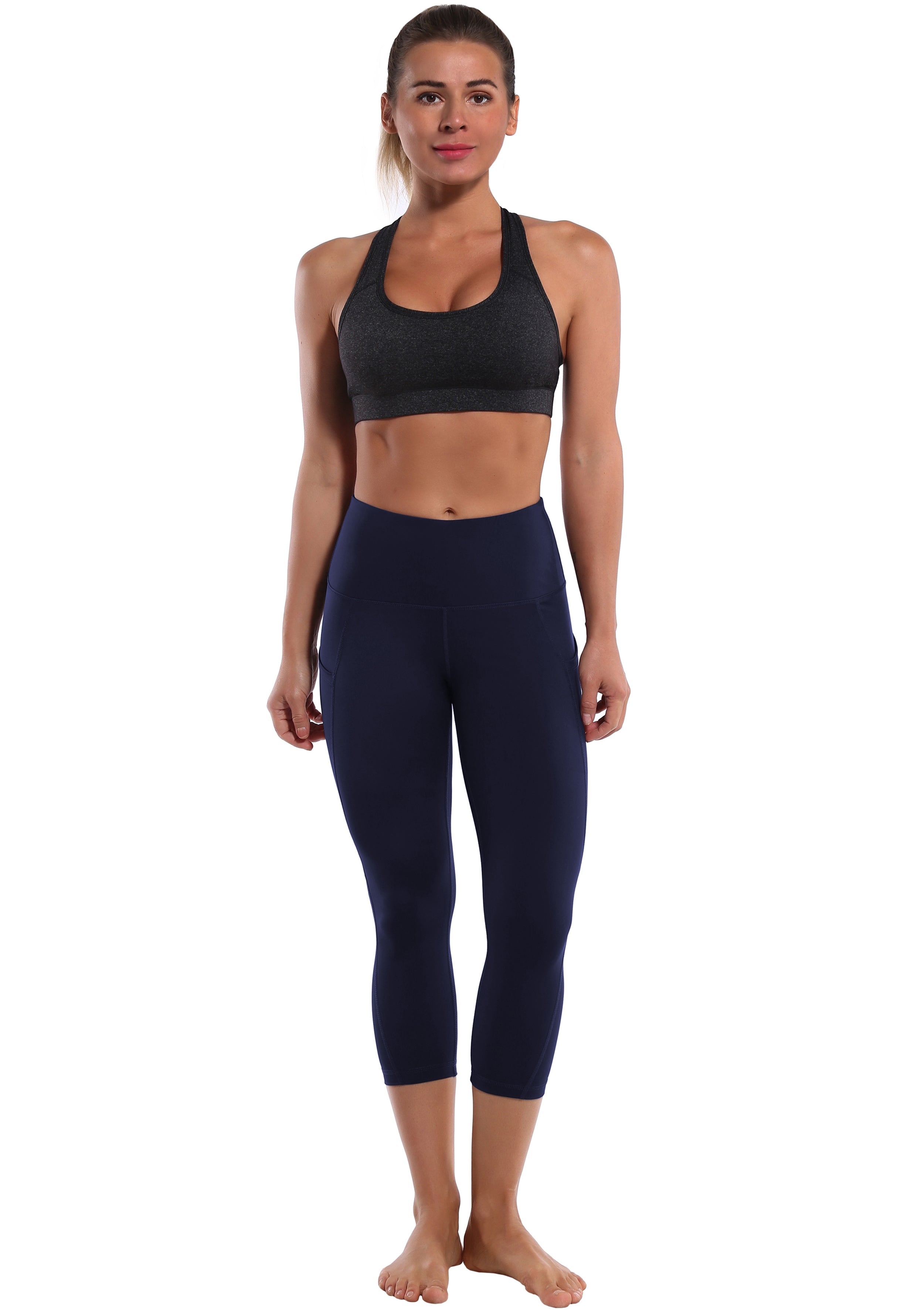 19" High Waist Side Pockets Capris darknavy 75%Nylon/25%Spandex Fabric doesn't attract lint easily 4-way stretch No see-through Moisture-wicking Tummy control Inner pocket