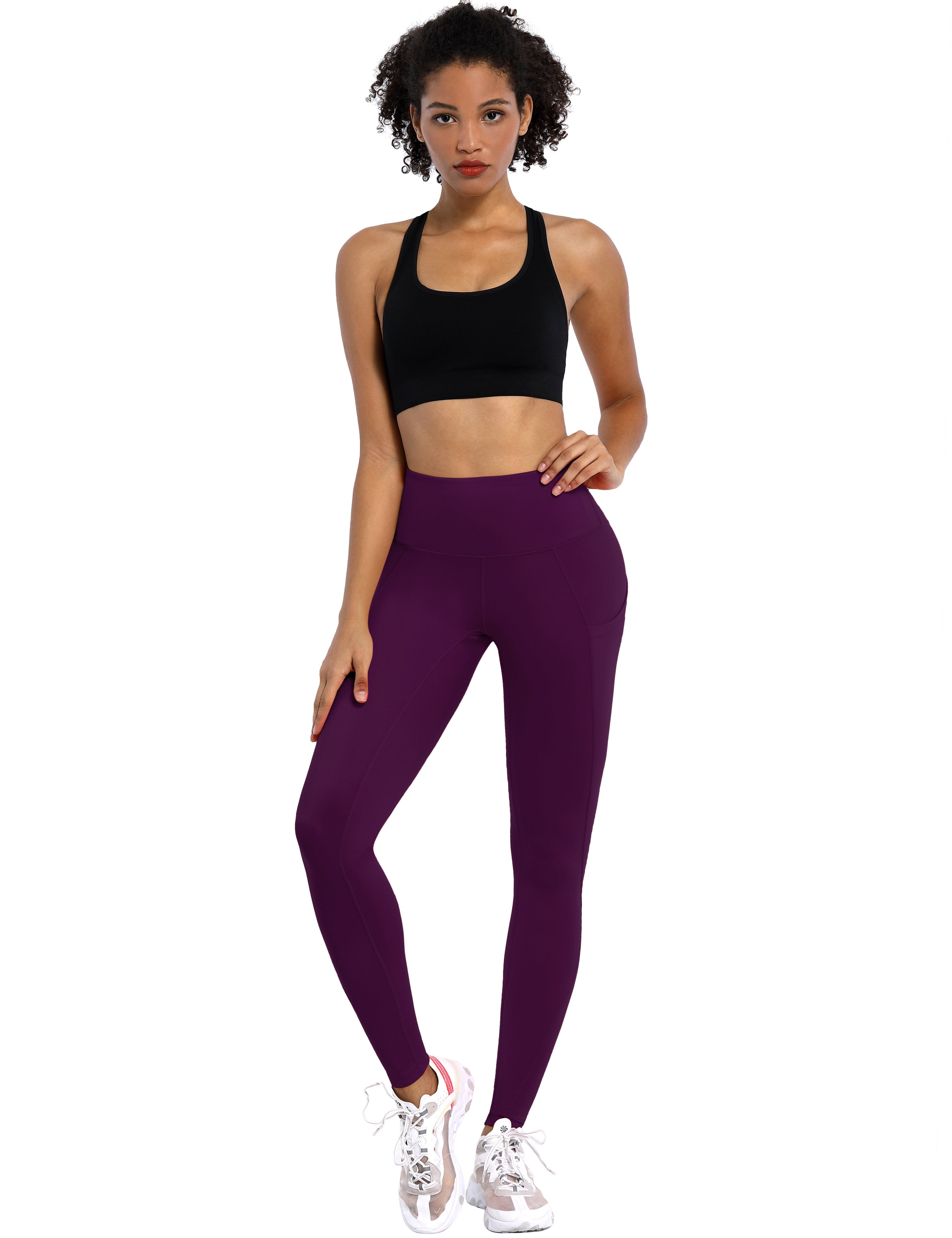 High Waist Side Pockets Running Pants plum 75% Nylon, 25% Spandex Fabric doesn't attract lint easily 4-way stretch No see-through Moisture-wicking Tummy control Inner pocket