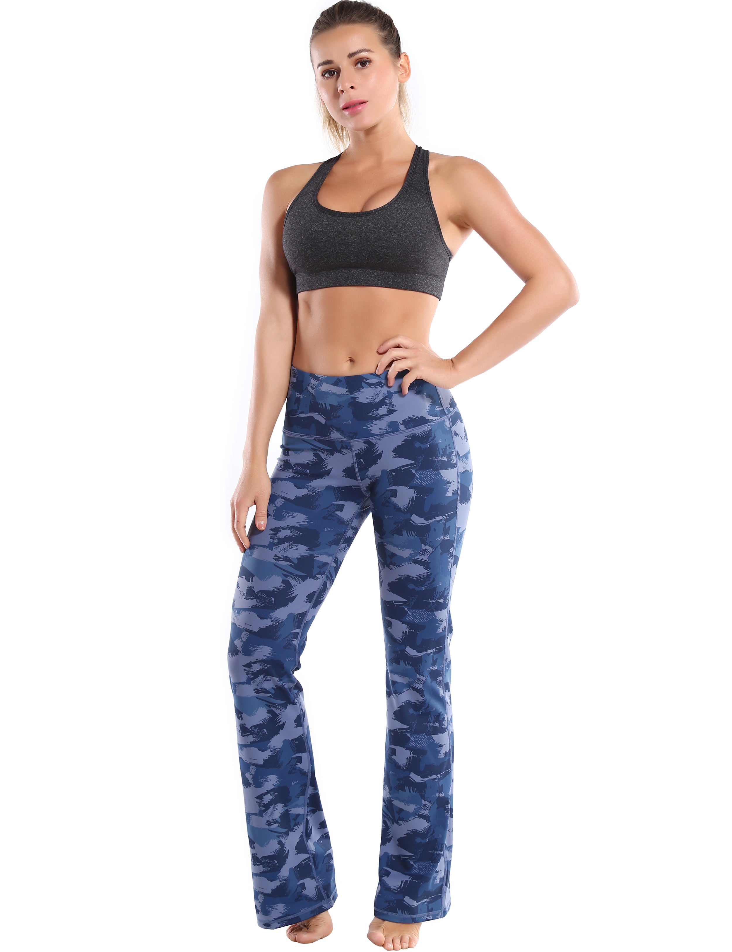 High Waist Printed Bootcut Leggings navy brushcamo 78%Polyester/22%Spandex Fabric doesn't attract lint easily 4-way stretch No see-through Moisture-wicking Tummy control Inner pocket Five lengths