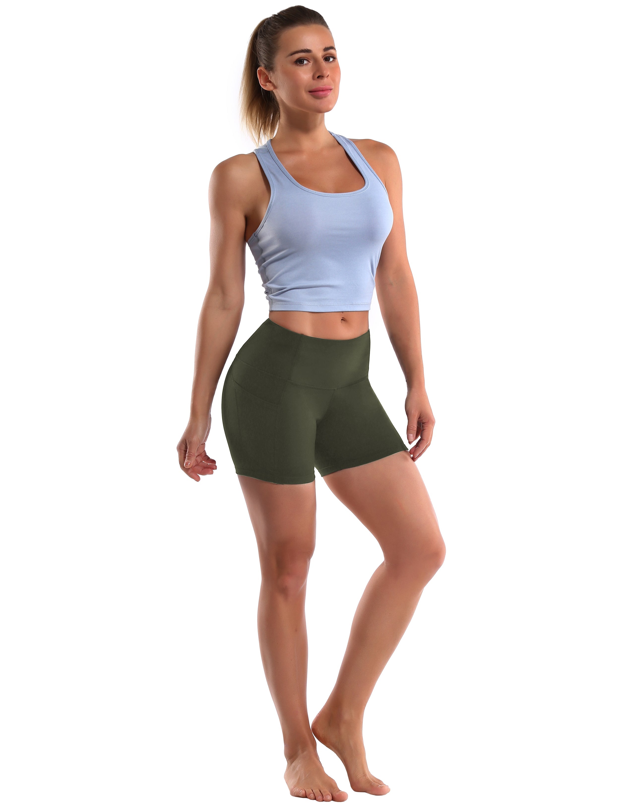 High Waist Side Pockets yogastudio Shorts green Softest-ever fabric High elasticity 4-way stretch Fabric doesn't attract lint easily No see-through Moisture-wicking Machine wash 88% Nylon, 12% Spandex