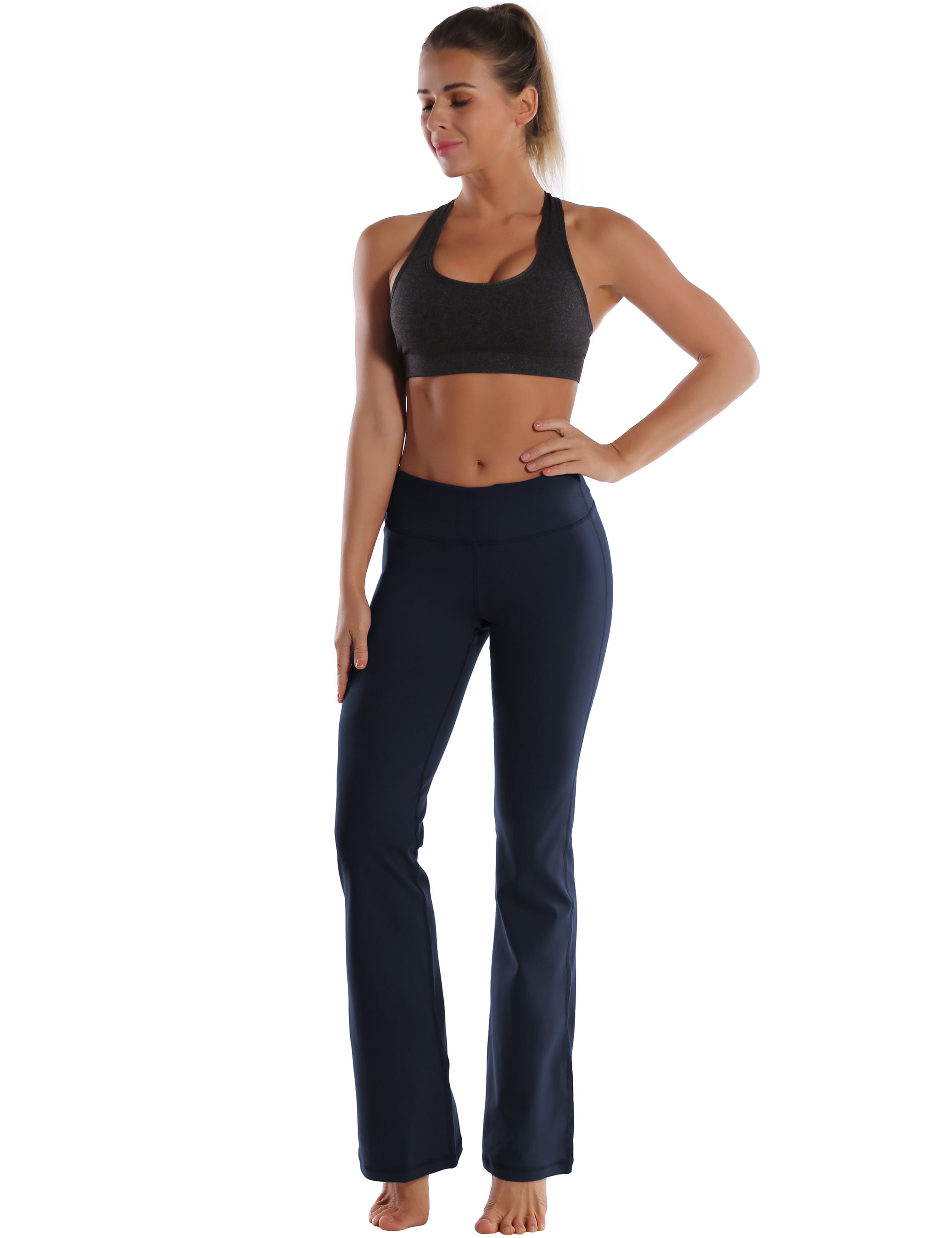 Cotton Nylon Bootcut Leggings darknavy 87%Nylon/13%Spandex (Super soft, cotton feel , 280gsm) Fabric doesn't attract lint easily 4-way stretch No see-through Moisture-wicking Inner pocket Four lengths