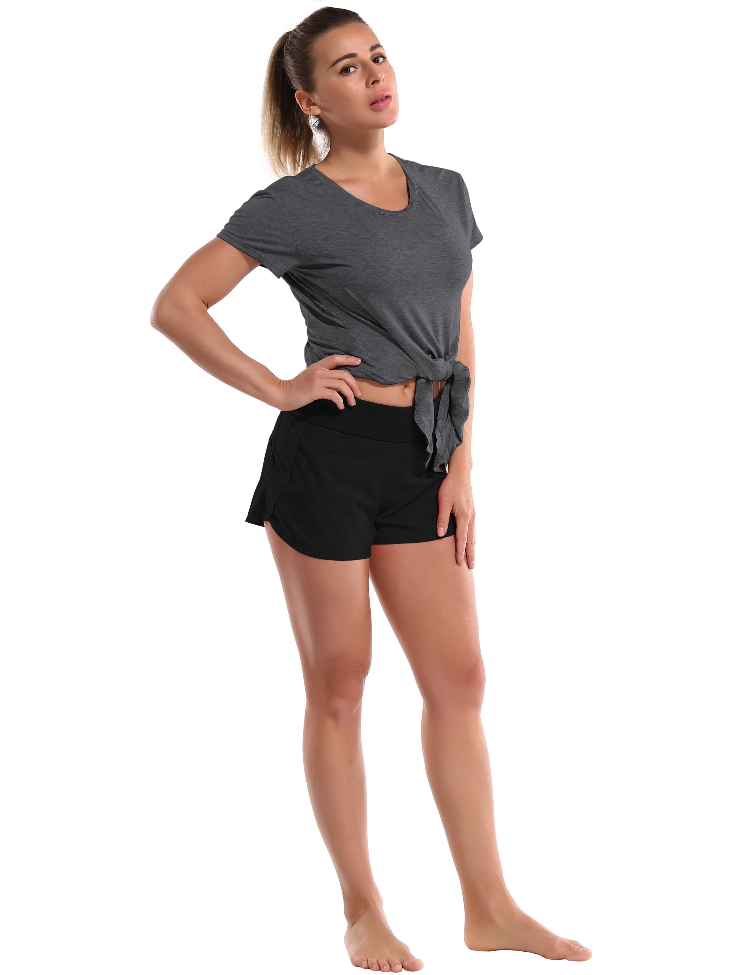 Tie Up Crop Top Short Sleeve T-Shirt heathercharcoal ins_Running