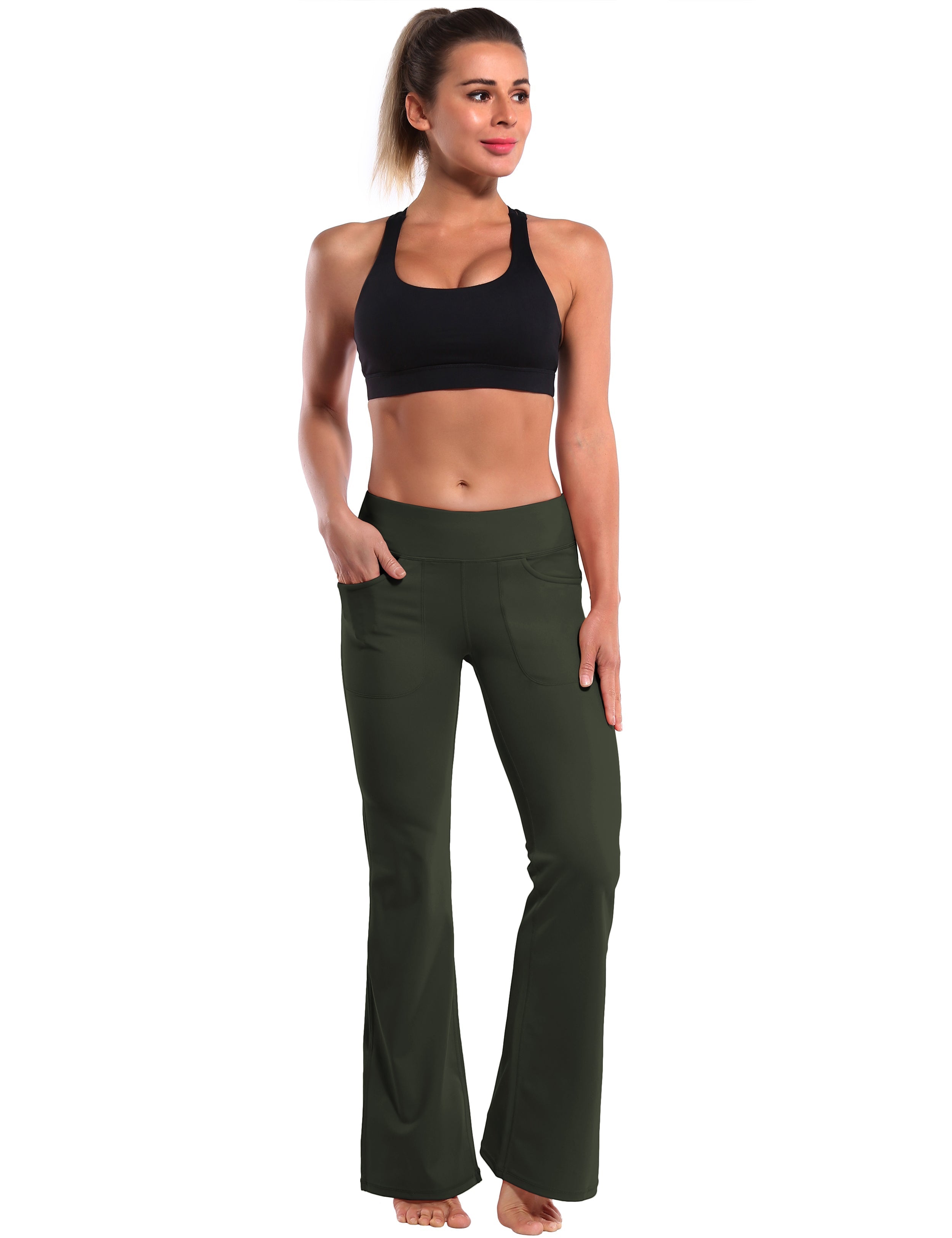 4 Pockets Bootcut Leggings olivegray 75%Nylon/25%Spandex Fabric doesn't attract lint easily 4-way stretch No see-through Moisture-wicking Inner pocket Four lengths