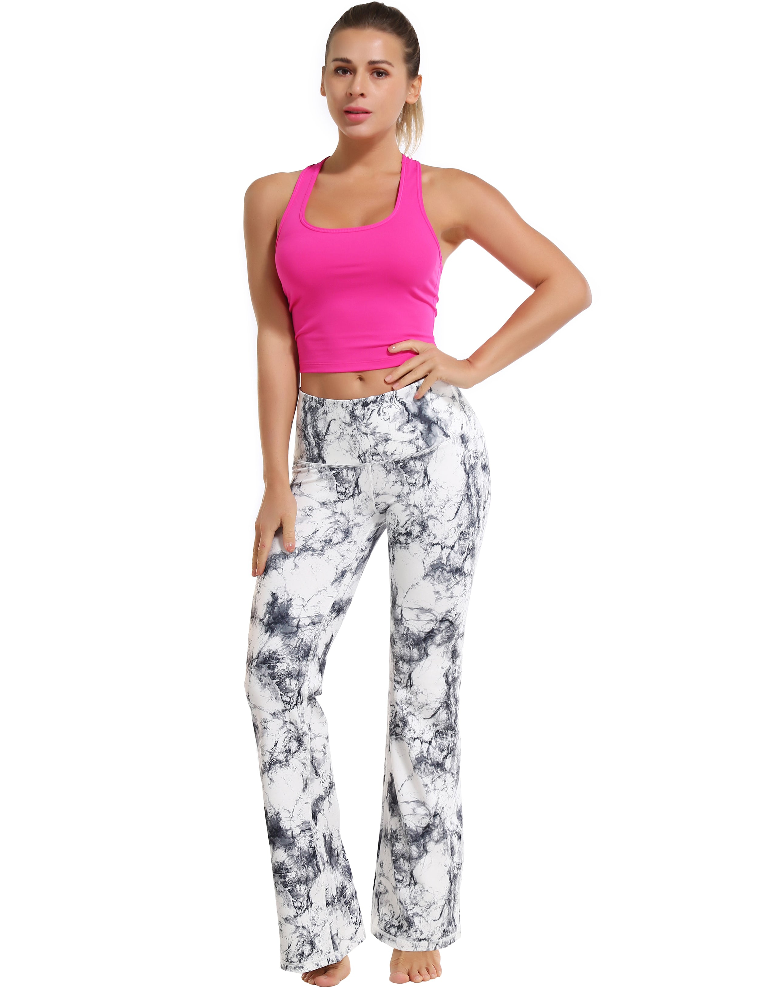 High Waist Printed Bootcut Leggings Arabescato 78%Polyester/22%Spandex Fabric doesn't attract lint easily 4-way stretch No see-through Moisture-wicking Tummy control Inner pocket Five lengths