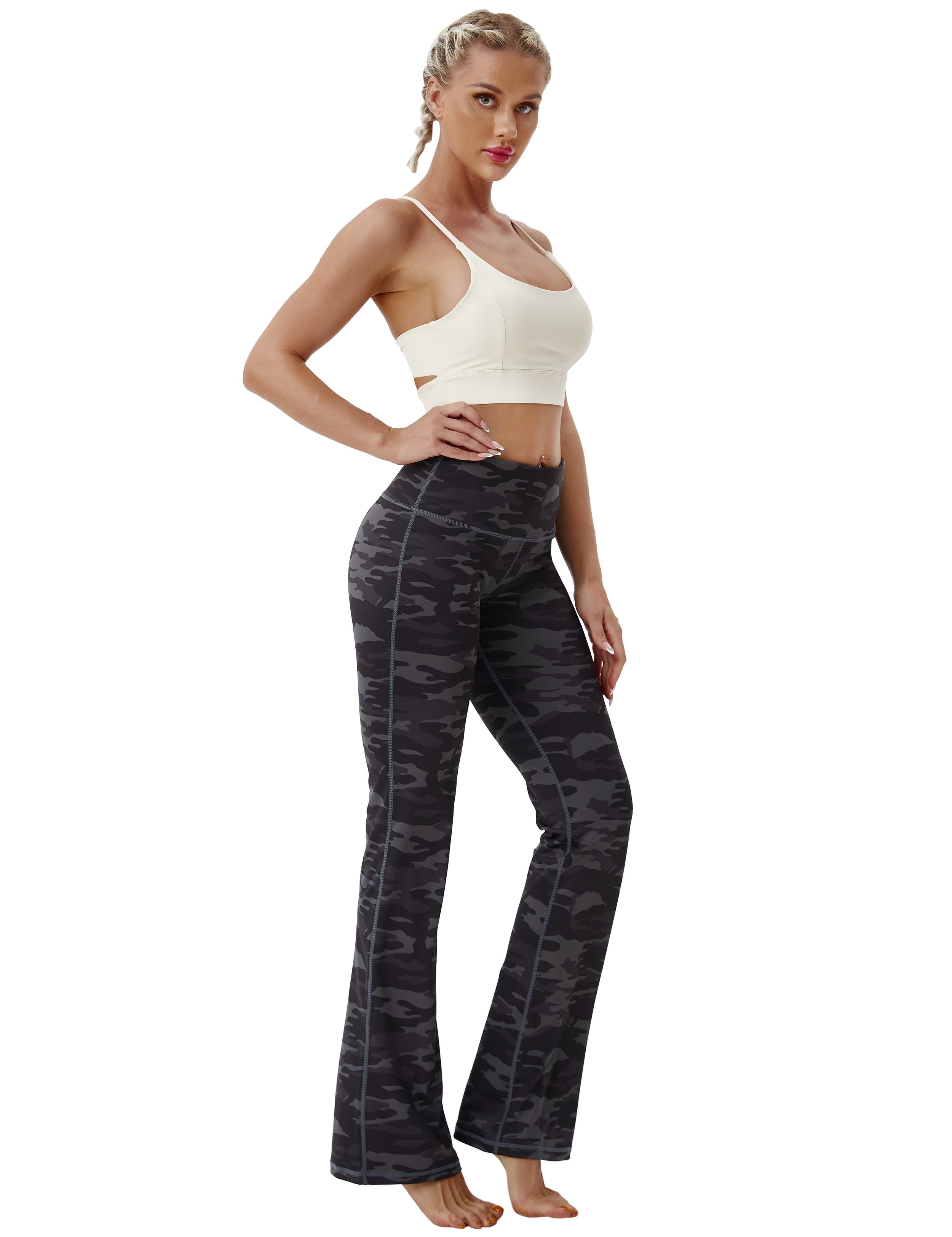 High Waist Printed Bootcut Leggings dimgray camo 78%Polyester/22%Spandex Fabric doesn't attract lint easily 4-way stretch No see-through Moisture-wicking Tummy control Inner pocket Five lengths