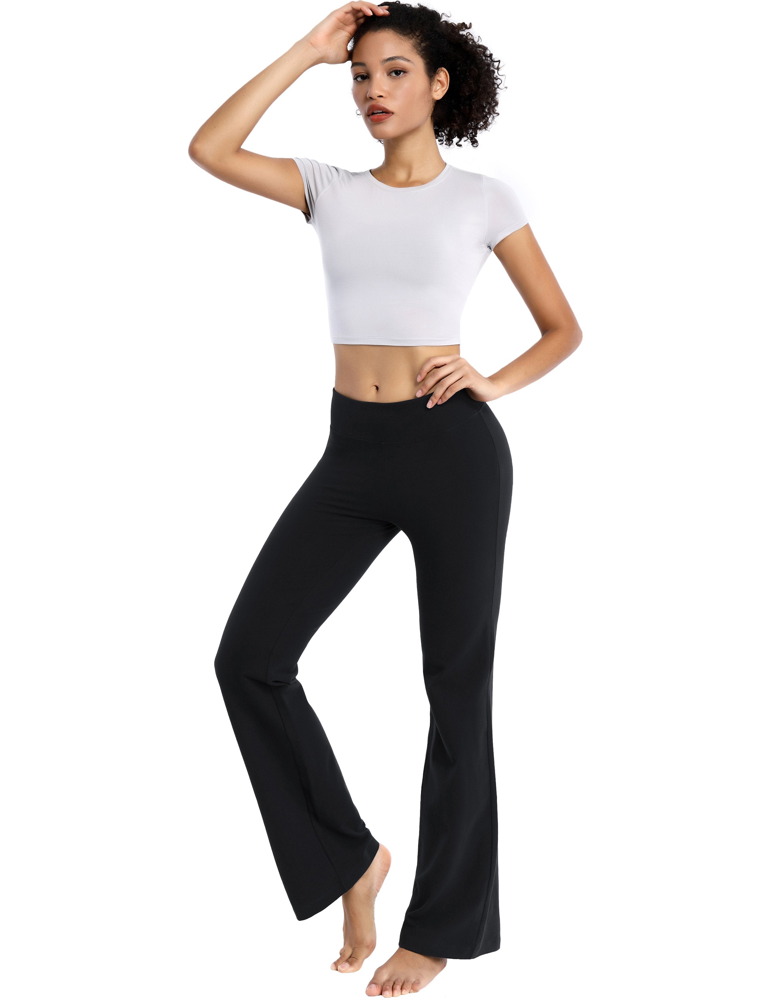 Cotton Bootcut Leggings black 90%Cotton/10%Spandex (soft and cotton feel) Fabric doesn't attract lint easily 4-way stretch No see-through Moisture-wicking Inner pocket Four lengths