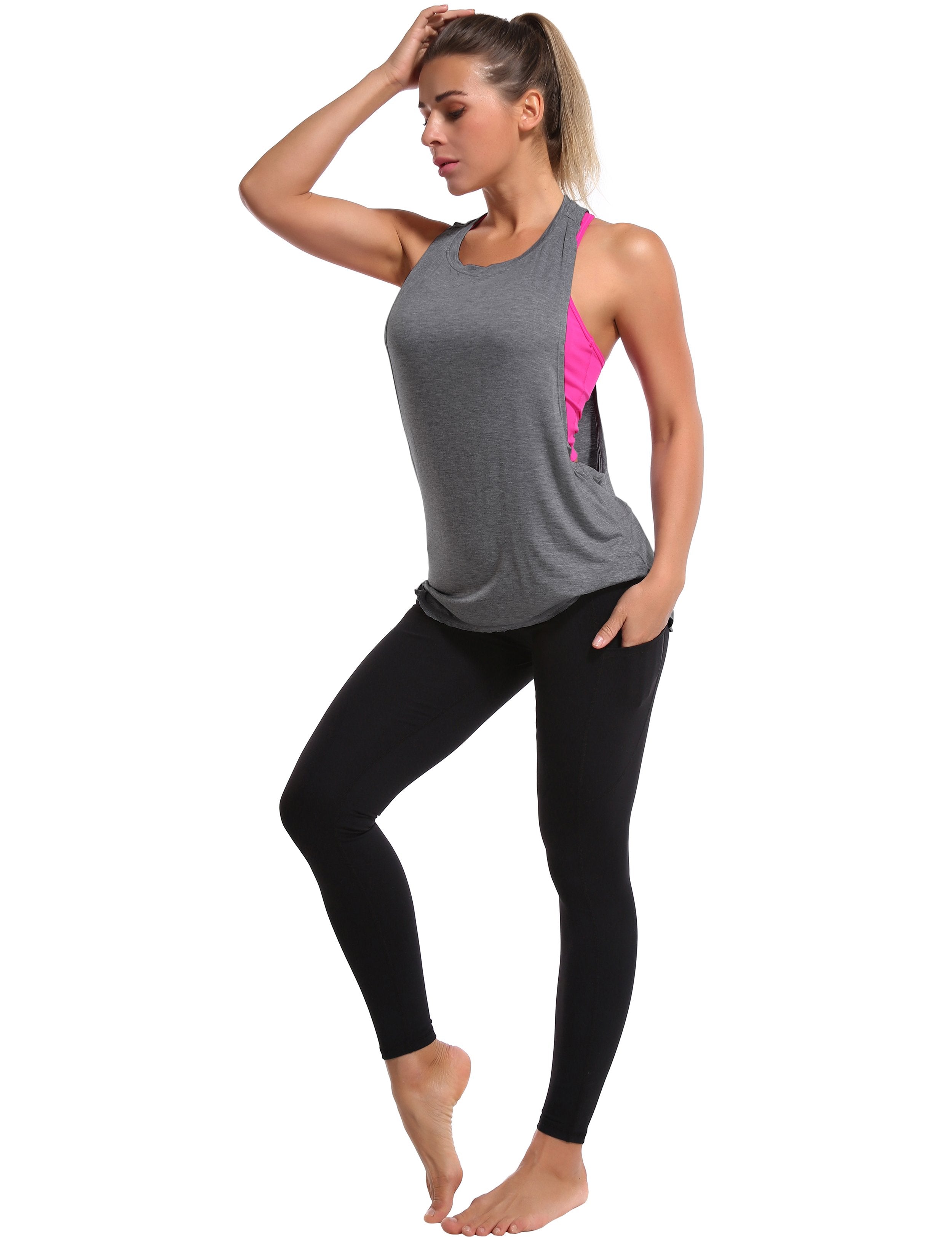 Low Cut Loose Fit Tank Top heathercharcoal Designed for On the Move Loose fit 93%Modal/7%Spandex Four-way stretch Naturally breathable Super-Soft, Modal Fabric