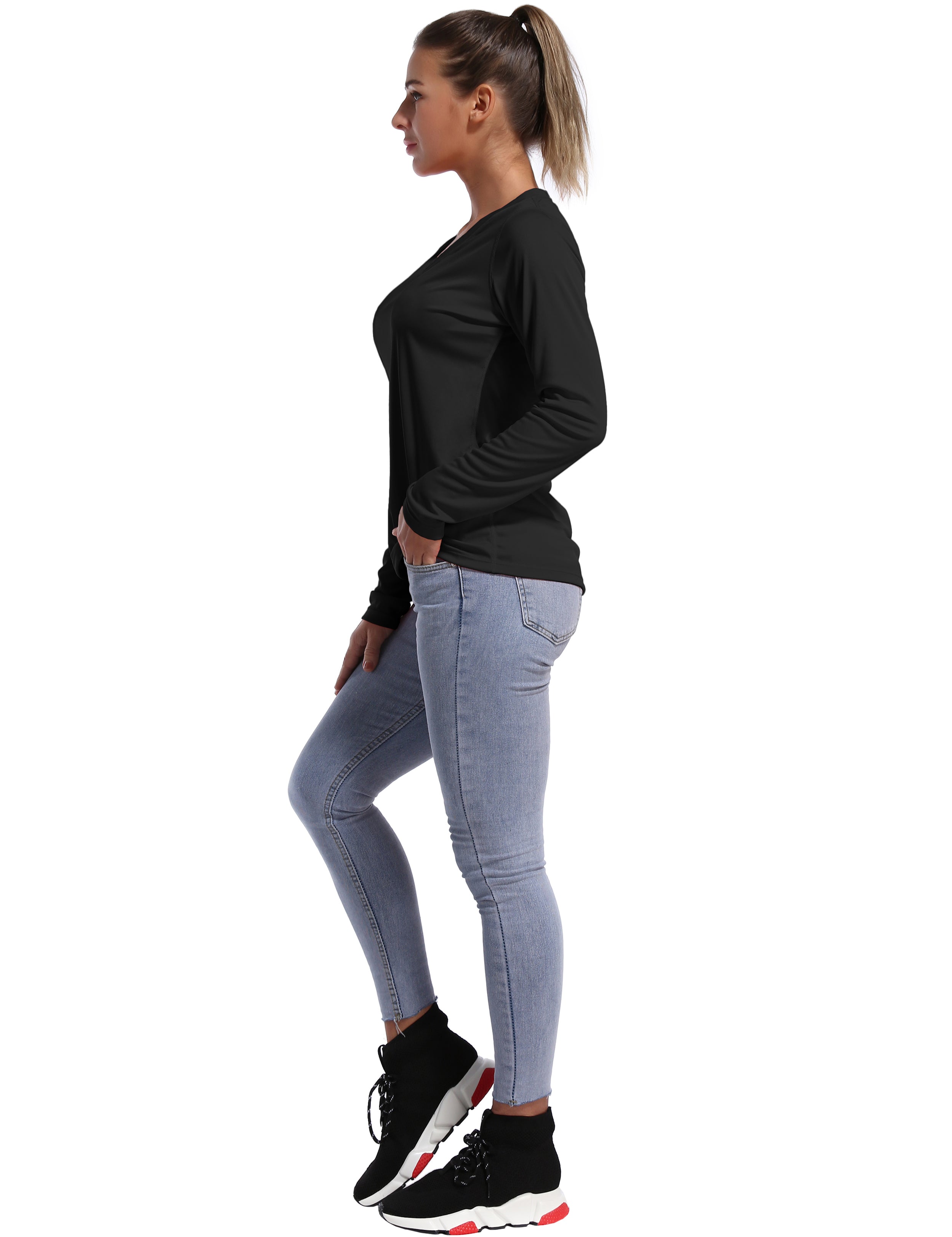 V Neck Long Sleeve Athletic Shirts black_Gym