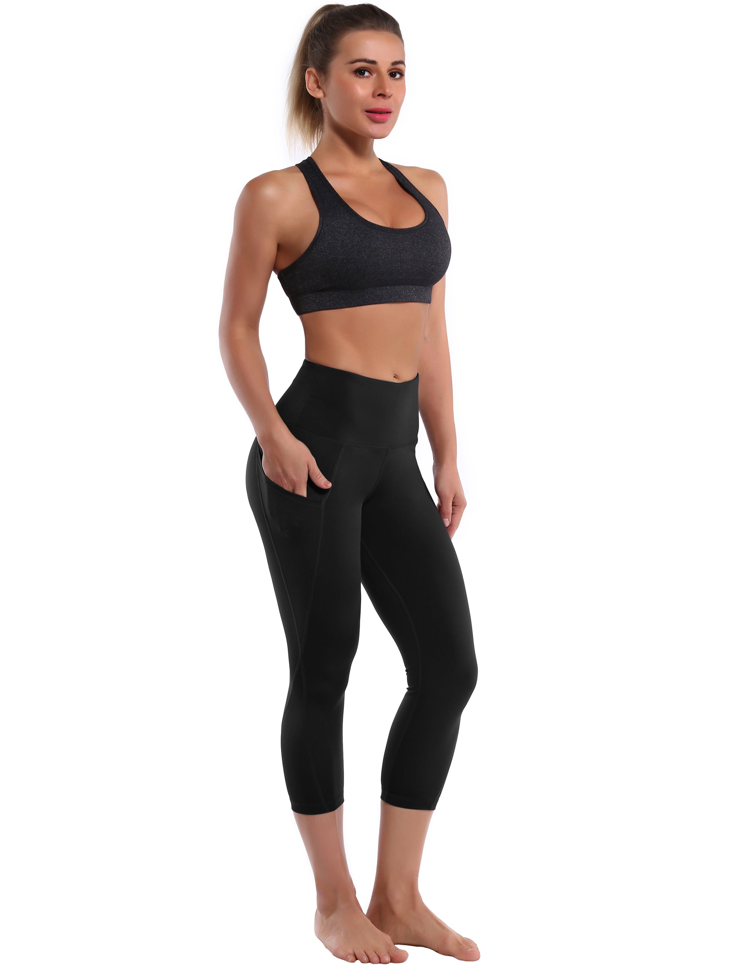 19" High Waist Crop Tight Capris black 75%Nylon/25%Spandex Fabric doesn't attract lint easily 4-way stretch No see-through Moisture-wicking Tummy control Inner pocket