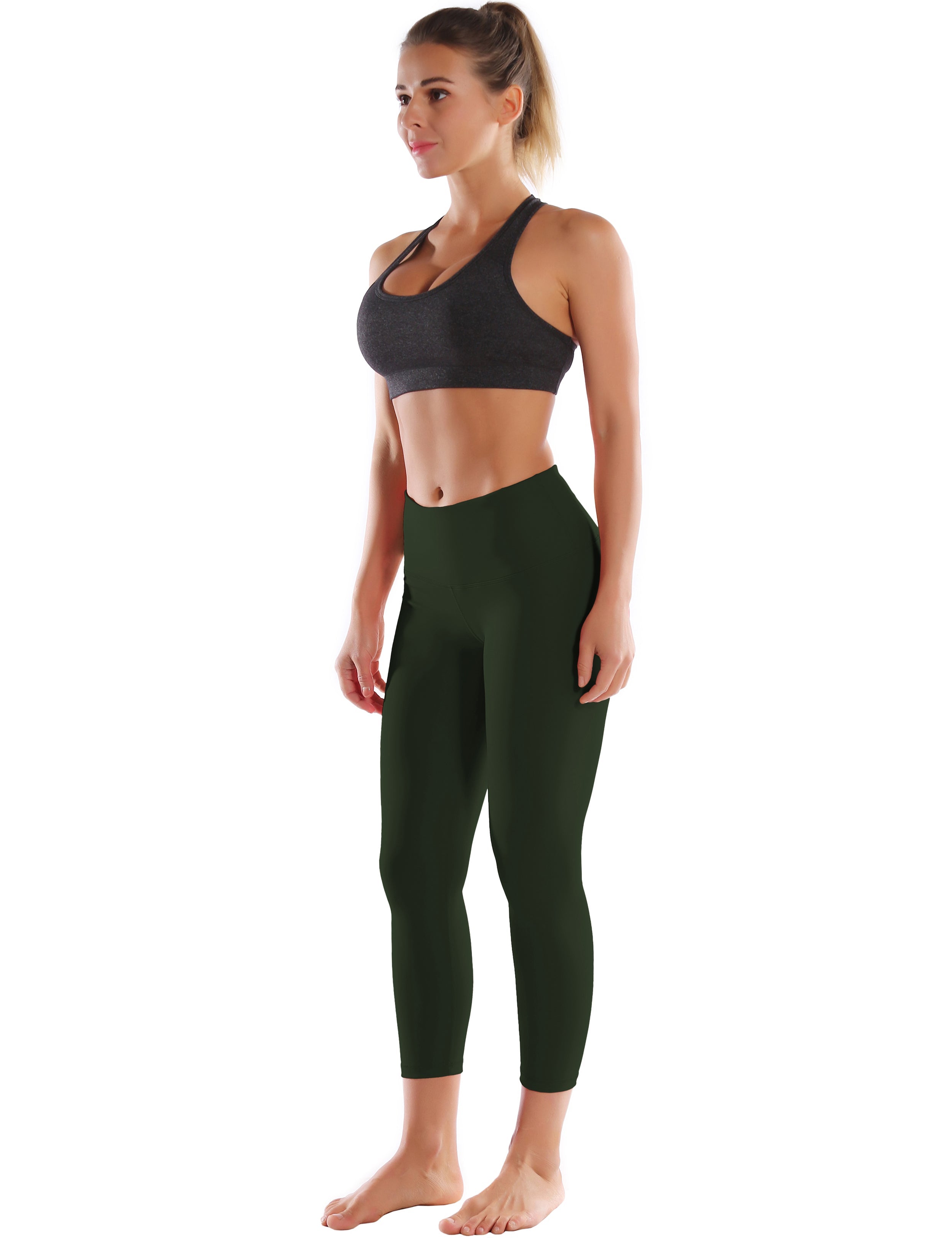 22" High Waist Crop Tight Capris olivegray 75%Nylon/25%Spandex Fabric doesn't attract lint easily 4-way stretch No see-through Moisture-wicking Tummy control Inner pocket