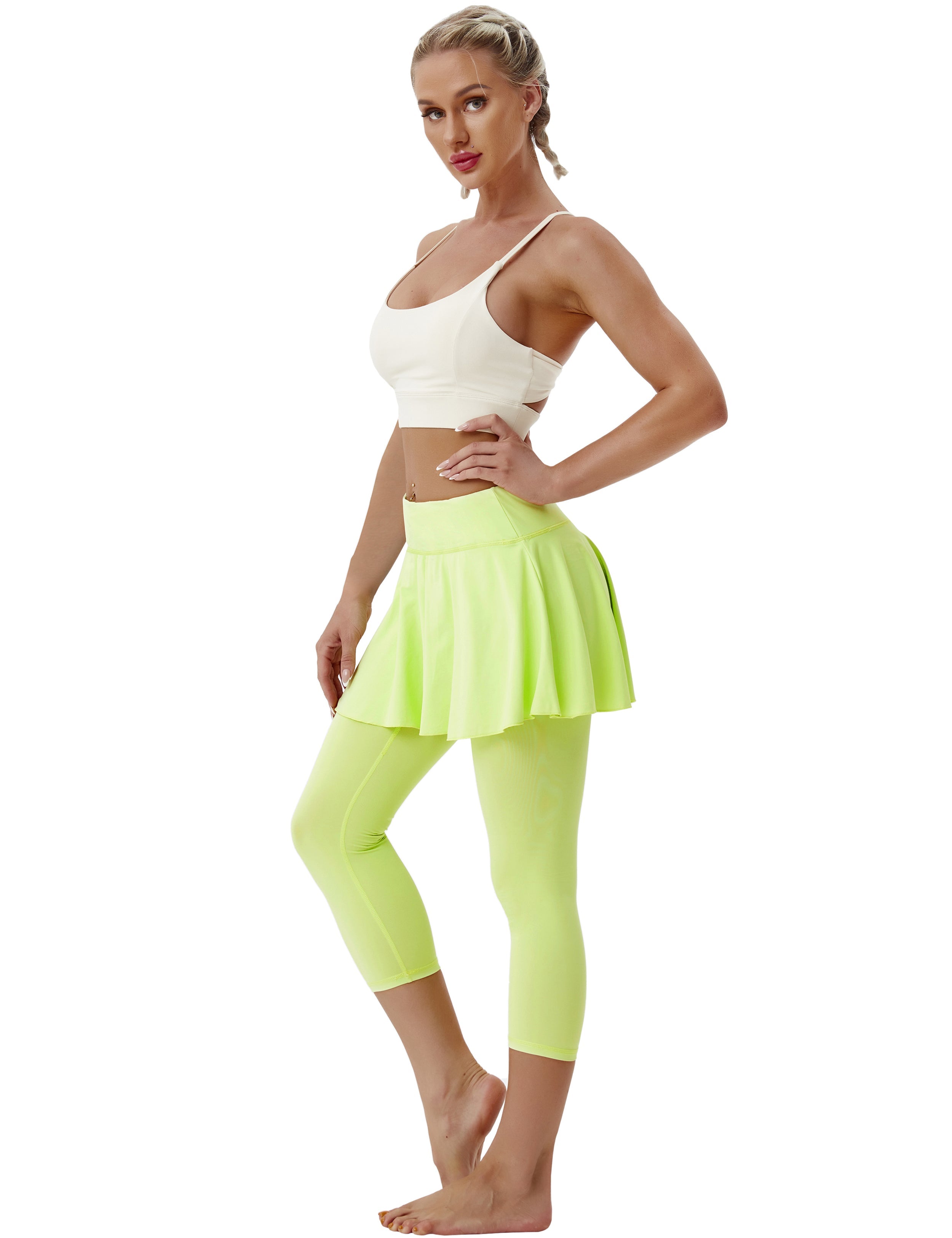 19" Capris Tennis Golf Skirted Leggings with Pockets neonyellow 80%Nylon/20%Spandex UPF 50+ sun protection Elastic closure Lightweight, Wrinkle Moisture wicking Quick drying Secure & comfortable two layer Hidden pocket