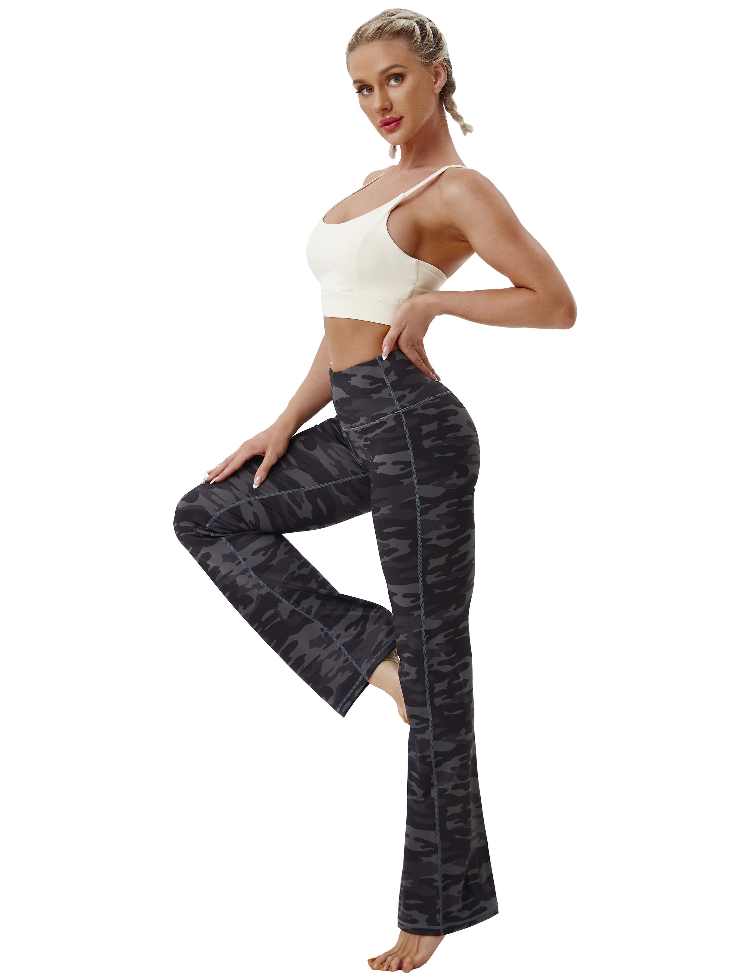 High Waist Printed Bootcut Leggings dimgray camo 78%Polyester/22%Spandex Fabric doesn't attract lint easily 4-way stretch No see-through Moisture-wicking Tummy control Inner pocket Five lengths