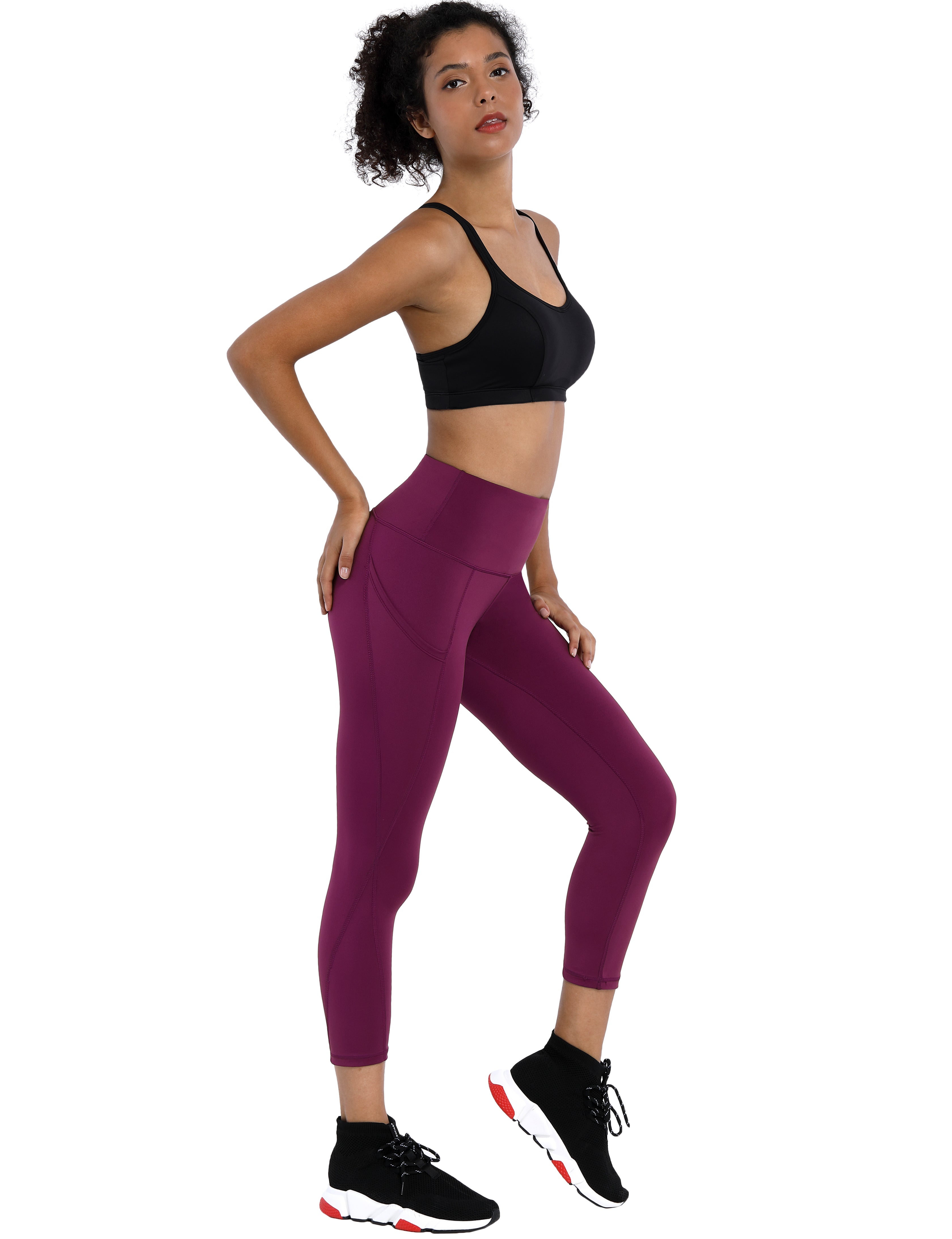 22" High Waist Side Pockets Capris grapevine 75%Nylon/25%Spandex Fabric doesn't attract lint easily 4-way stretch No see-through Moisture-wicking Tummy control Inner pocket