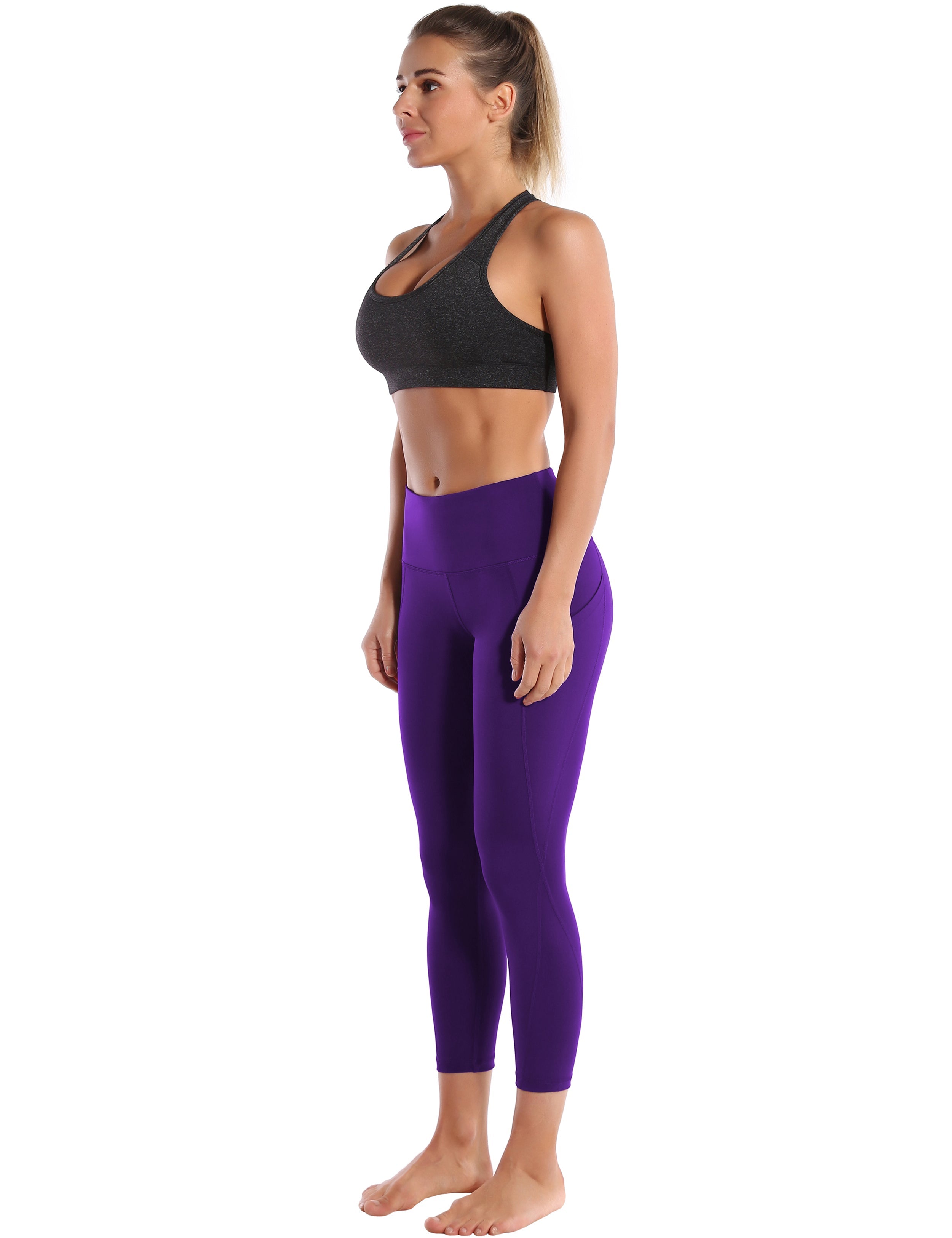 22" High Waist Side Pockets Capris eggplantpurple 75%Nylon/25%Spandex Fabric doesn't attract lint easily 4-way stretch No see-through Moisture-wicking Tummy control Inner pocket