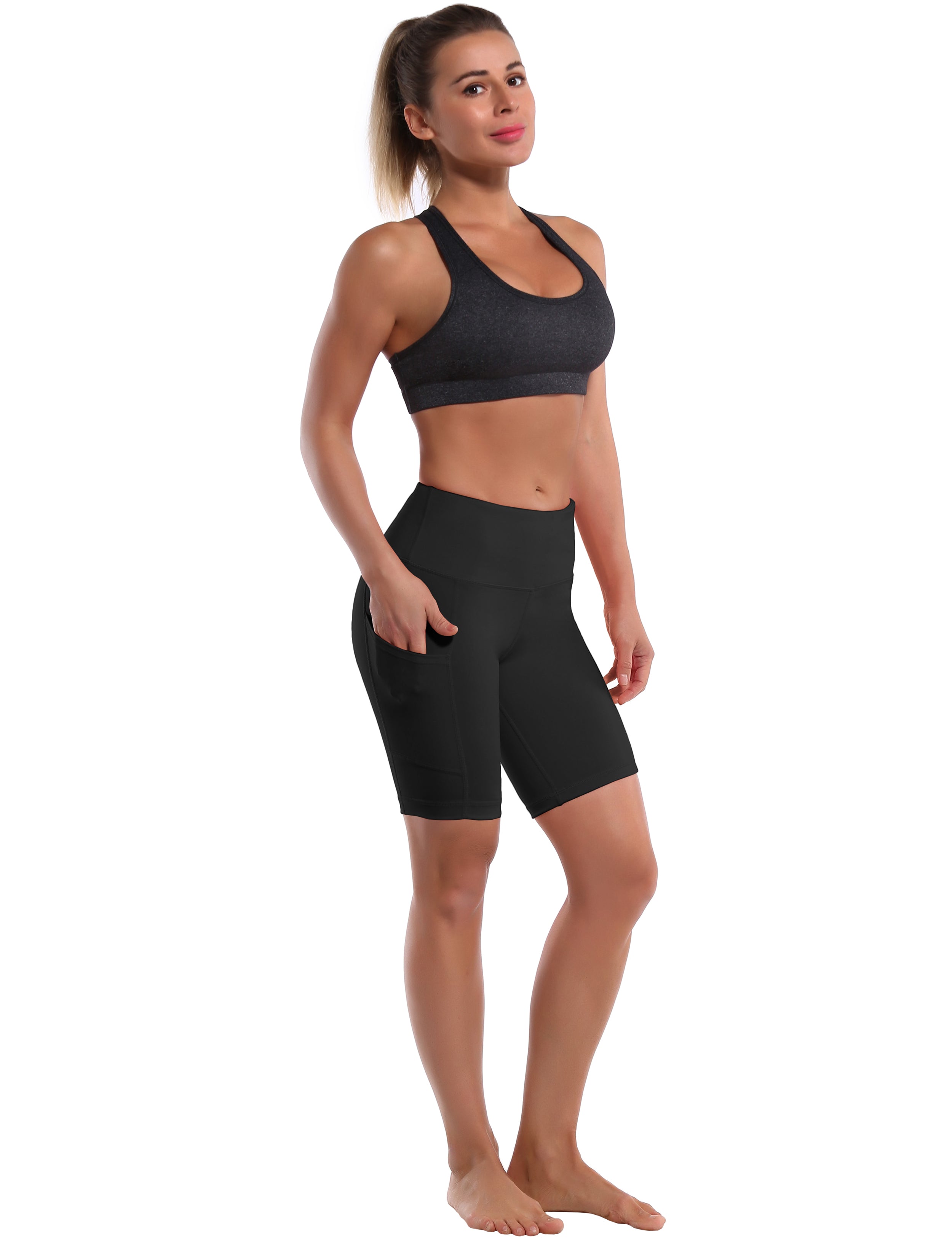 8" Side Pockets Gym Shorts black Sleek, soft, smooth and totally comfortable: our newest style is here. Softest-ever fabric High elasticity High density 4-way stretch Fabric doesn't attract lint easily No see-through Moisture-wicking Machine wash 75% Nylon, 25% Spandex