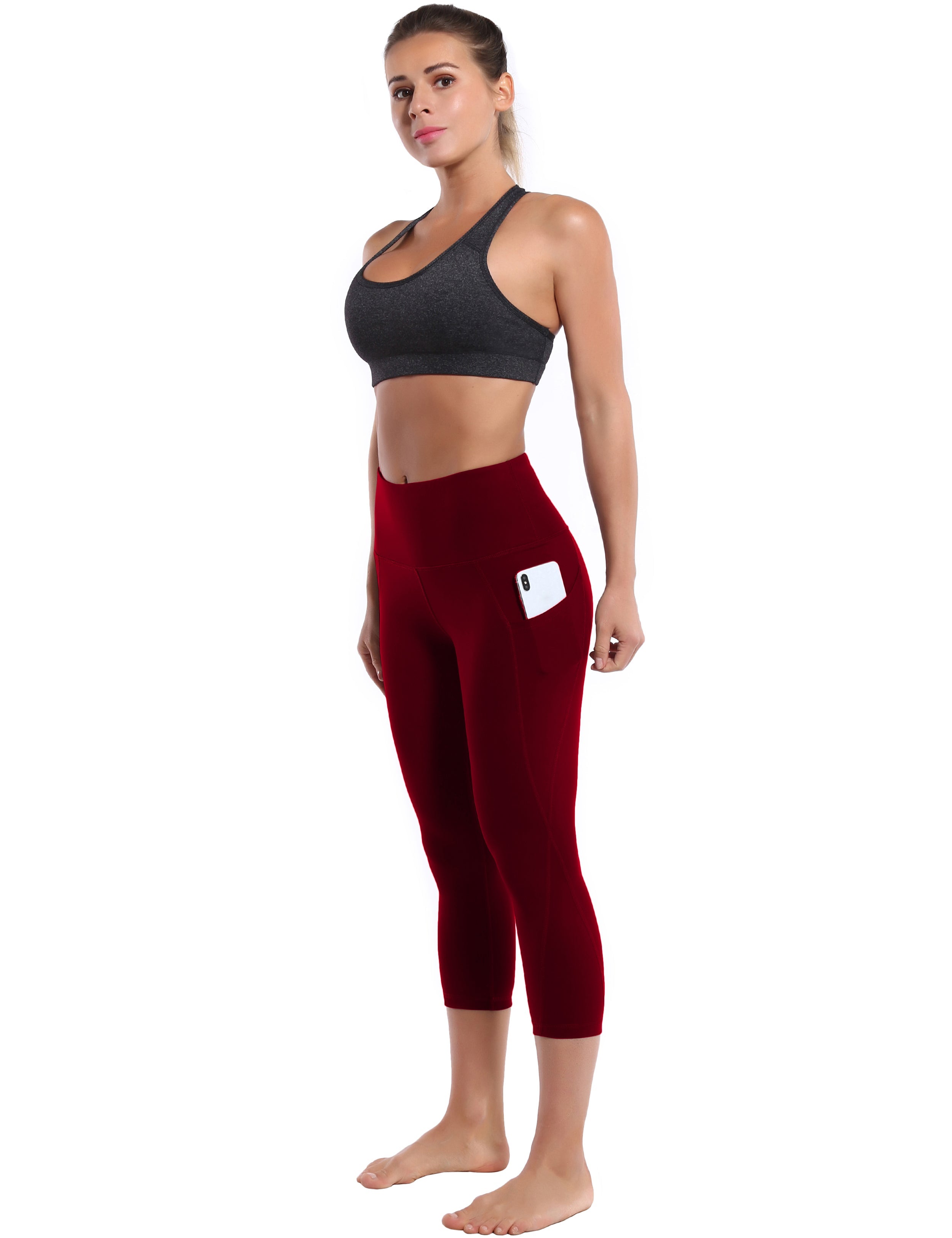 19" High Waist Side Pockets Capris cherryred 75%Nylon/25%Spandex Fabric doesn't attract lint easily 4-way stretch No see-through Moisture-wicking Tummy control Inner pocket