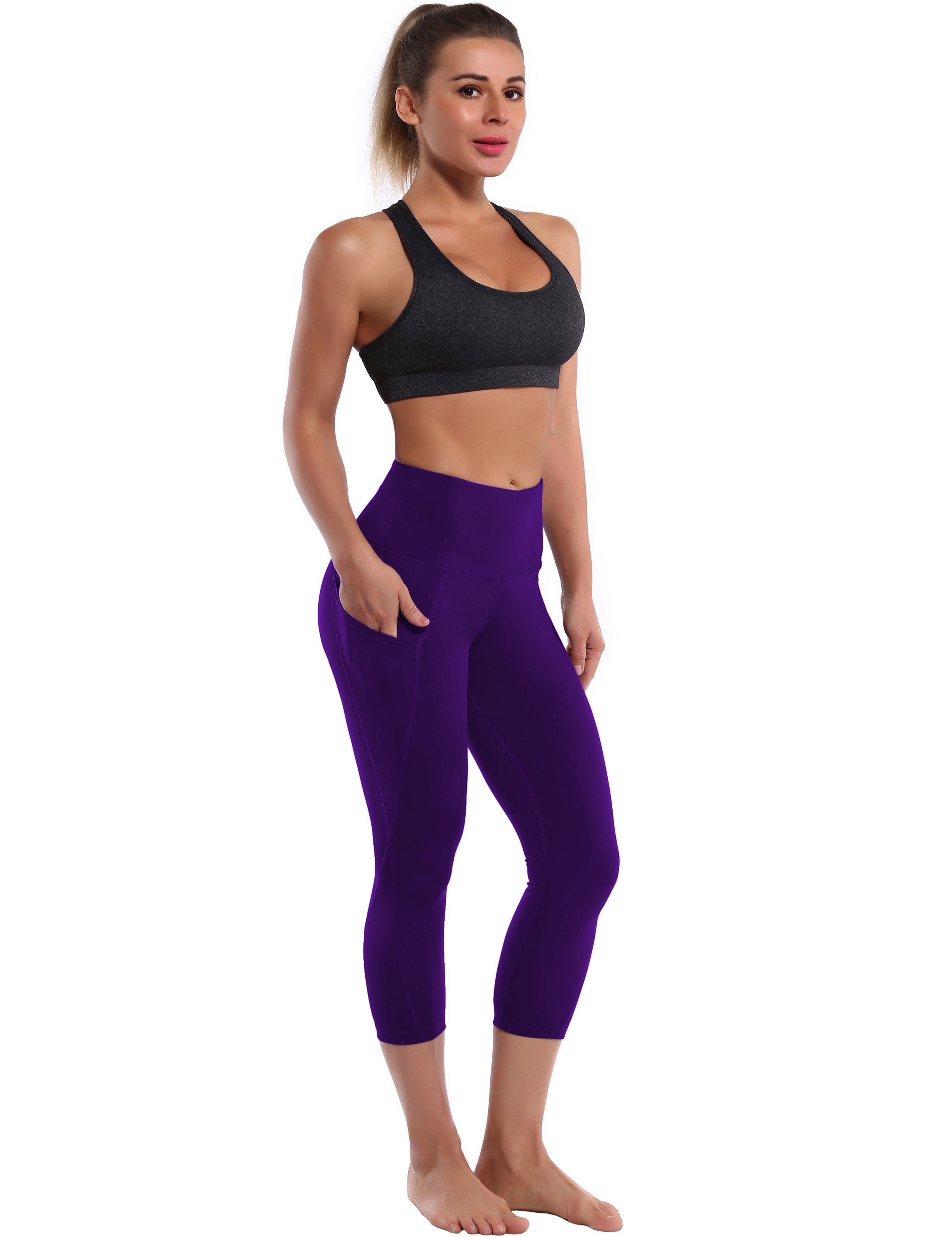 19" High Waist Side Pockets Capris eggplantpurple 75%Nylon/25%Spandex Fabric doesn't attract lint easily 4-way stretch No see-through Moisture-wicking Tummy control Inner pocket