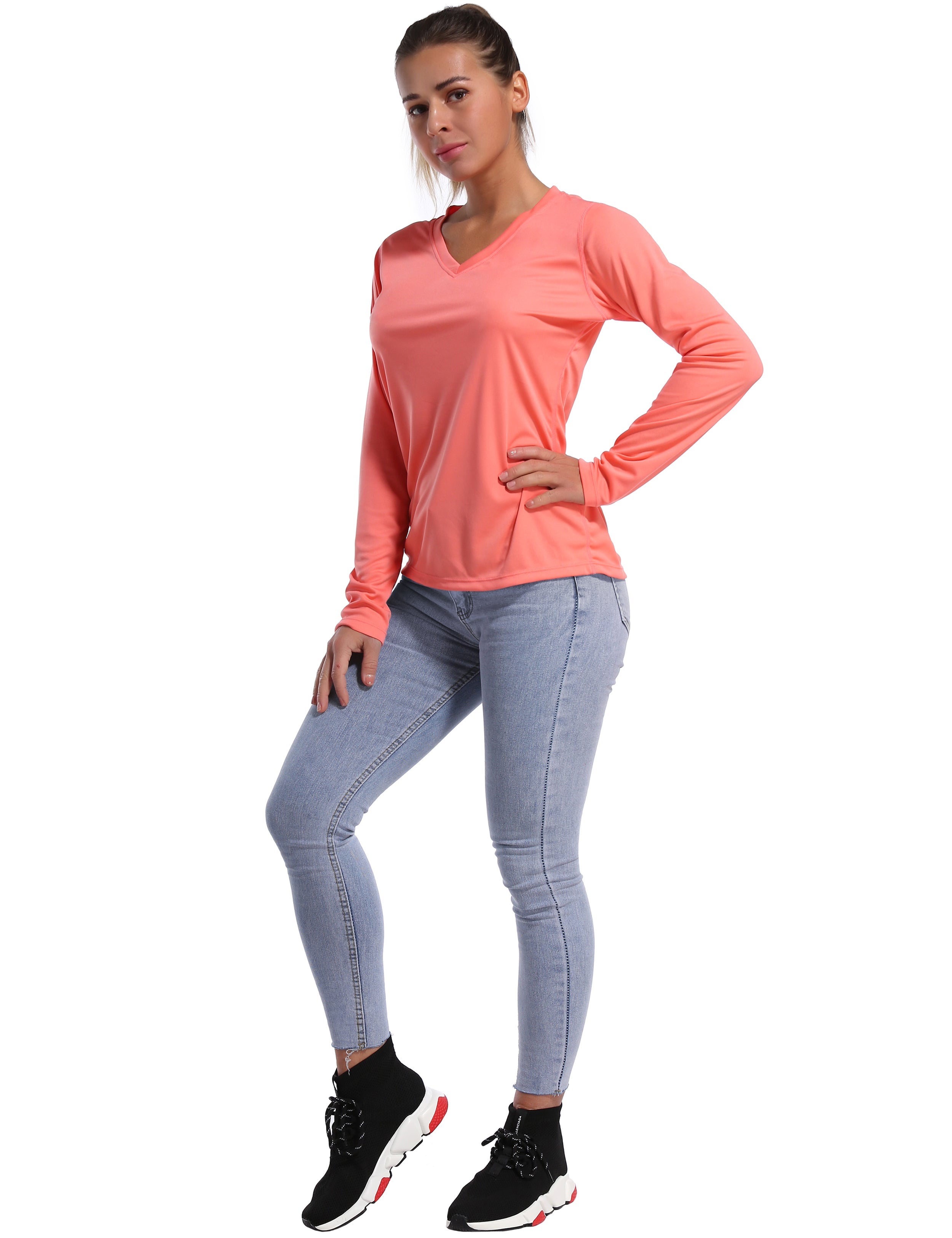 V Neck Long Sleeve Athletic Shirts coral_Biking