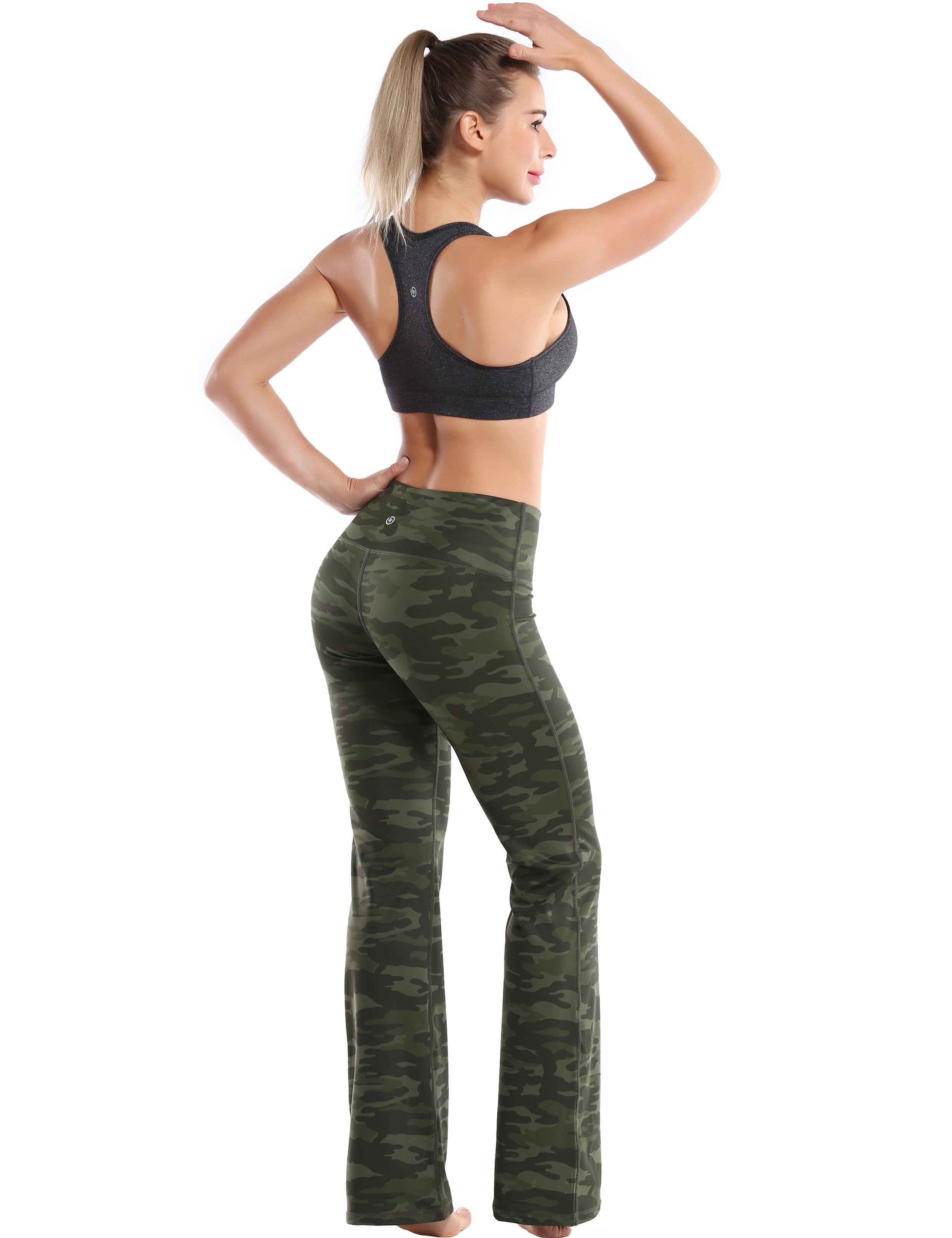 High Waist Printed Bootcut Leggings green camo 78%Polyester/22%Spandex Fabric doesn't attract lint easily 4-way stretch No see-through Moisture-wicking Tummy control Inner pocket Five lengths