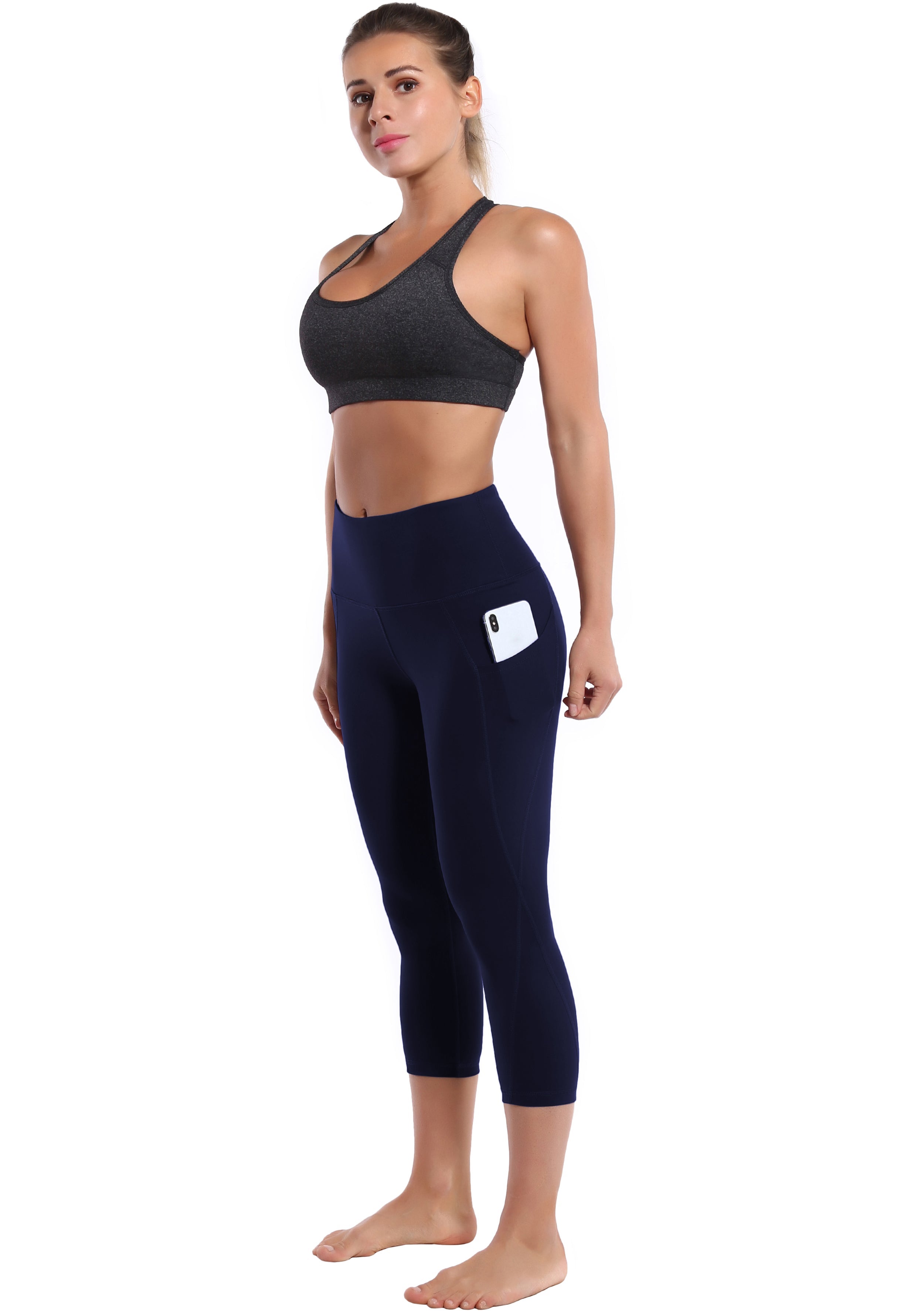 19" High Waist Side Pockets Capris darknavy 75%Nylon/25%Spandex Fabric doesn't attract lint easily 4-way stretch No see-through Moisture-wicking Tummy control Inner pocket