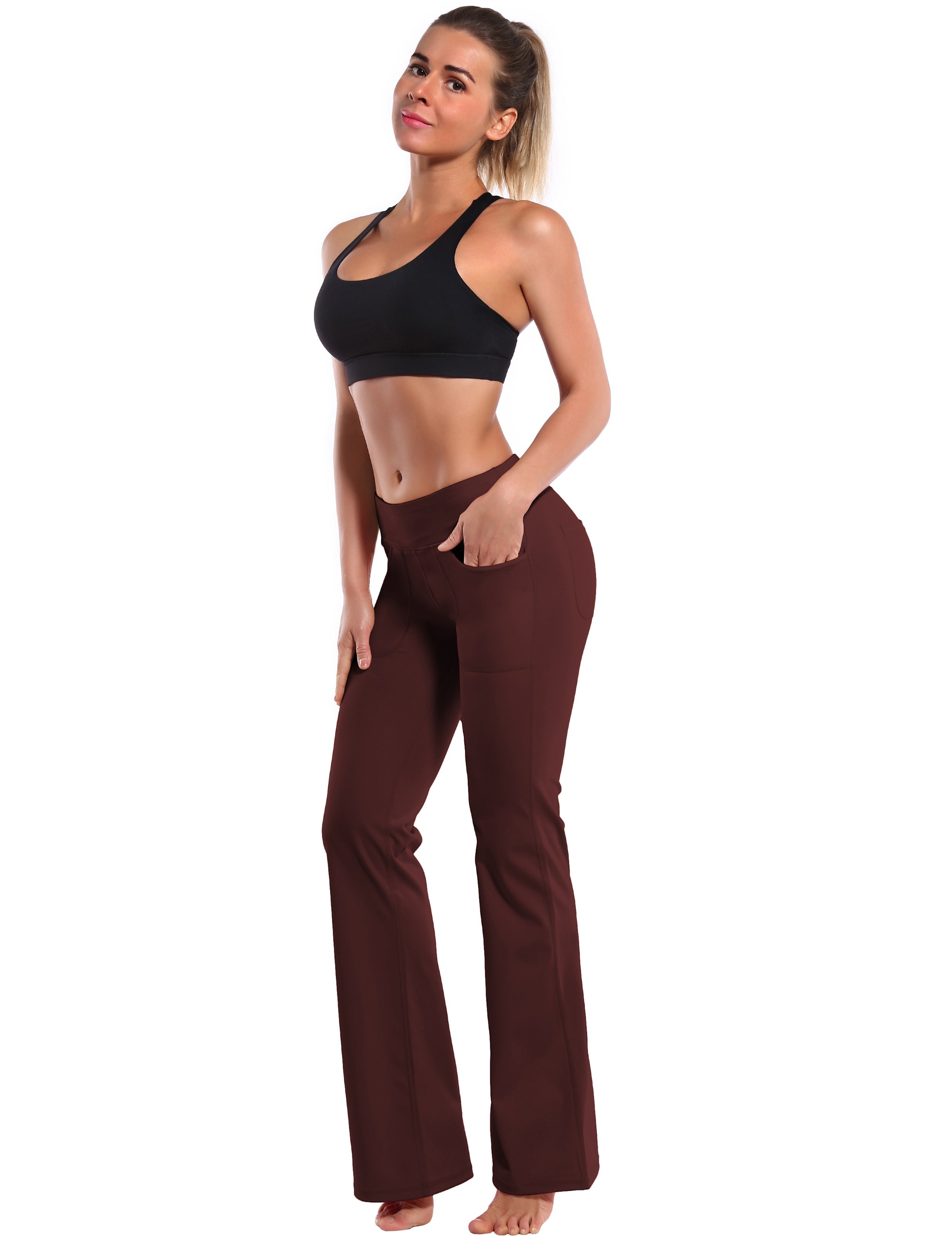 4 Pockets Bootcut Leggings mahoganymaroon 75%Nylon/25%Spandex Fabric doesn't attract lint easily 4-way stretch No see-through Moisture-wicking Inner pocket Four lengths