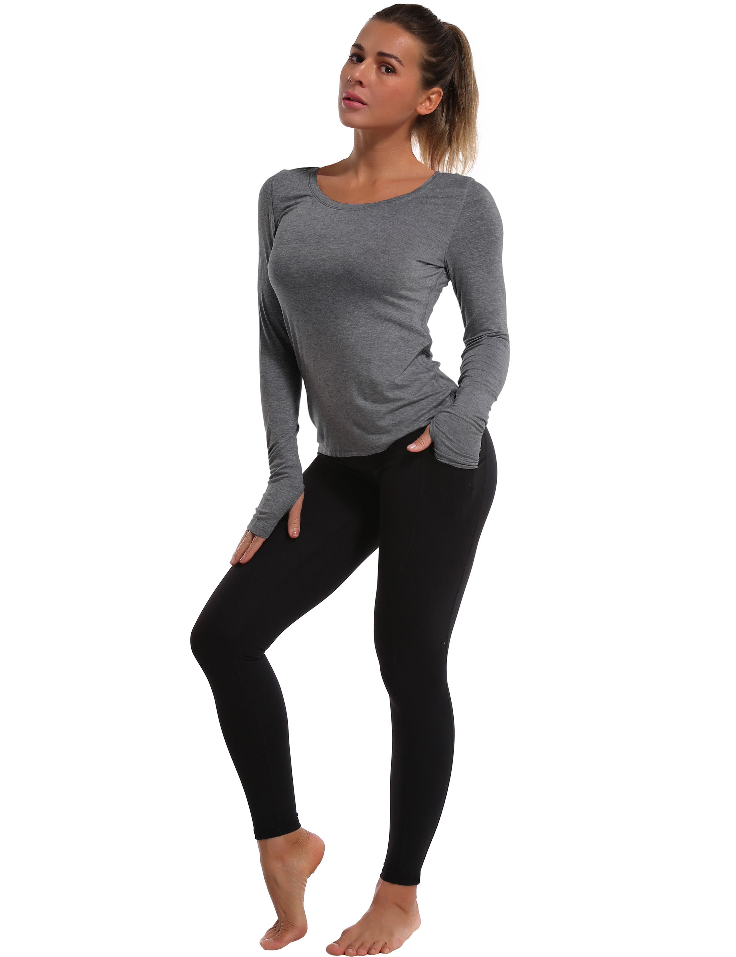 Athlete Long Sleeve Tops heathercharcoal Designed for On the Move Slim fit 93%Modal/7%Spandex Four-way stretch Naturally breathable Super-Soft, Modal Fabric