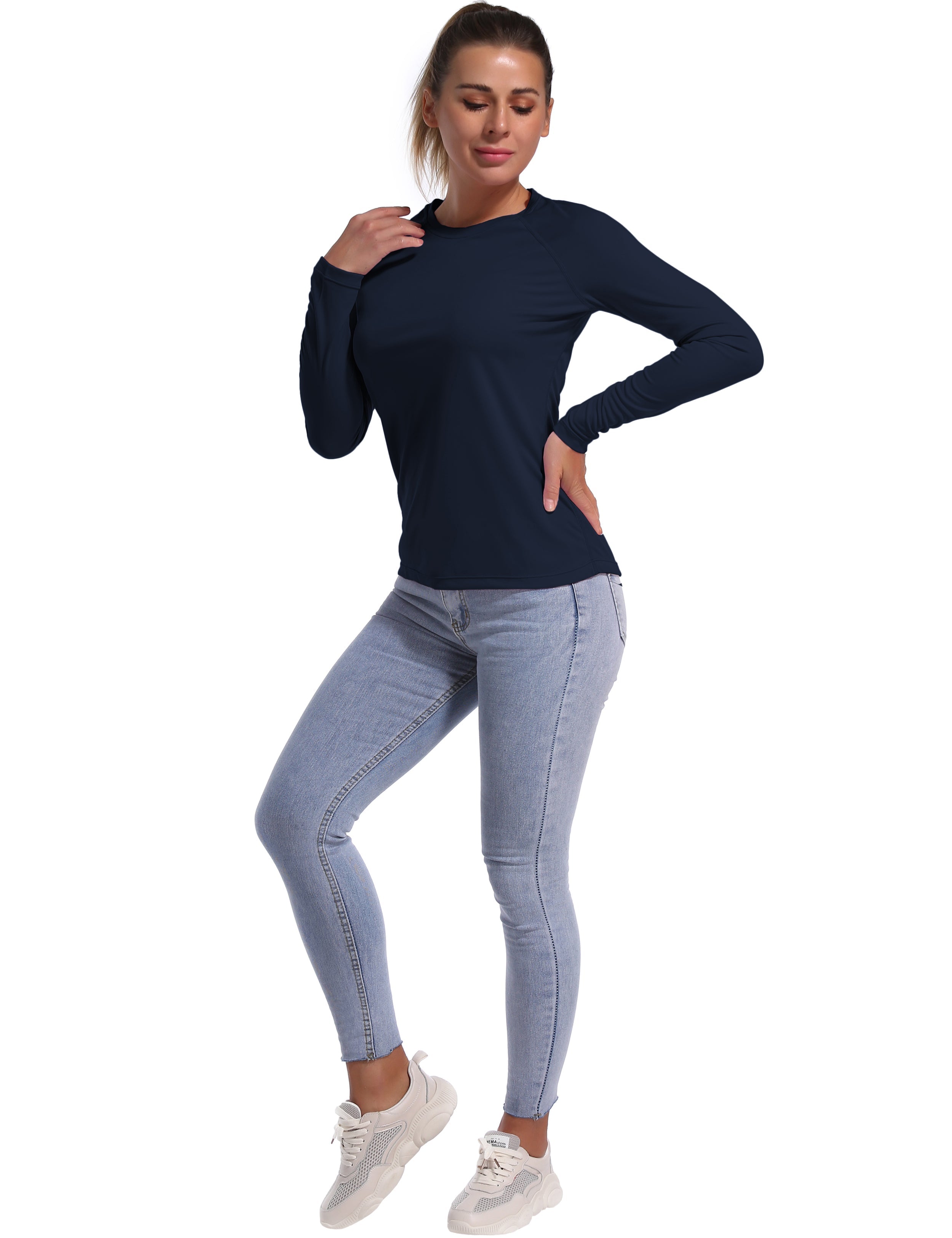 Long Sleeve Athletic Shirts darknavy 100% polyester Lightweight Slim Fit UPF 50+ blocks sun's harmful rays Treated to wick moisture, dries ultra-fast