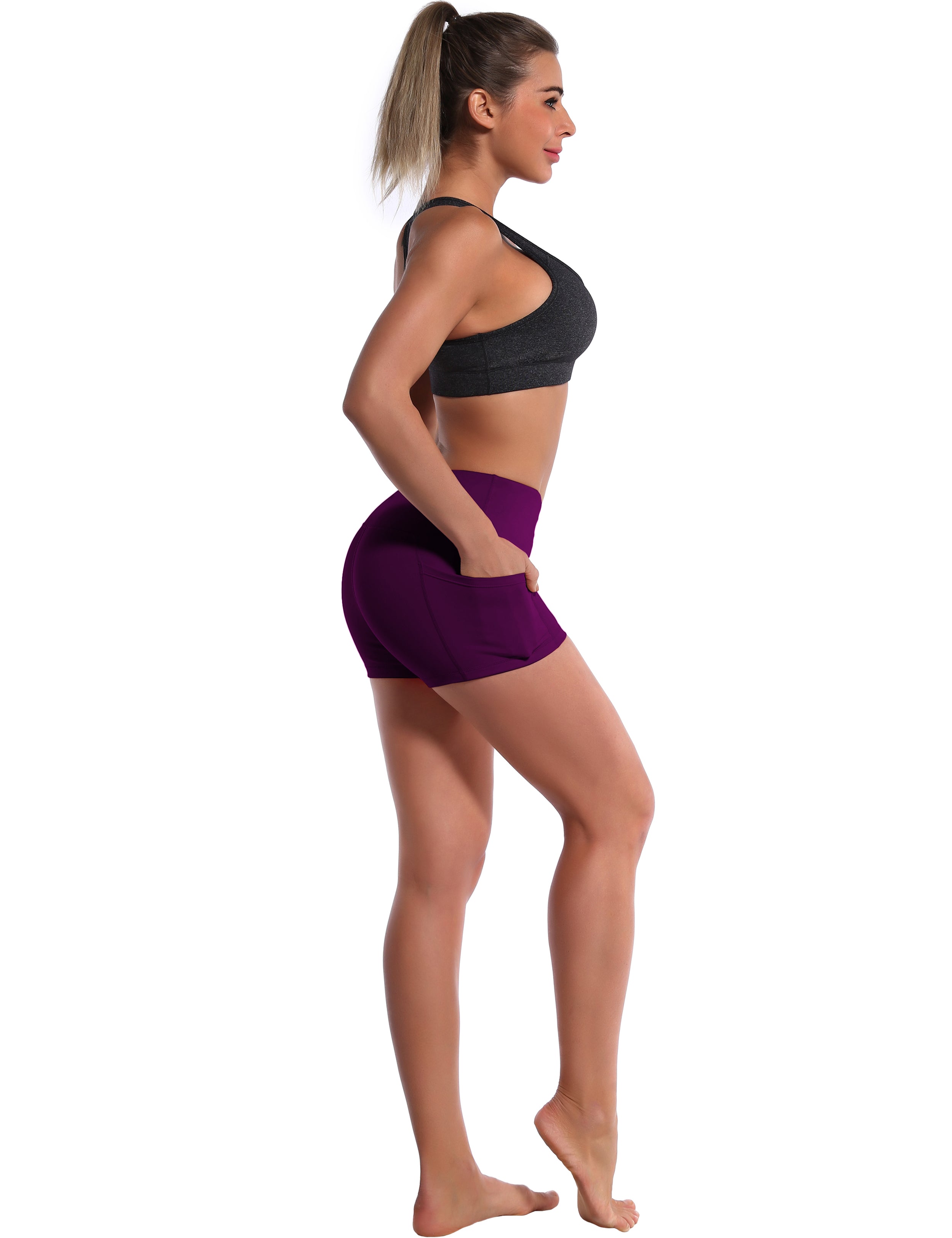 2.5" Side Pockets Gym Shorts plum Sleek, soft, smooth and totally comfortable: our newest sexy style is here. Softest-ever fabric High elasticity High density 4-way stretch Fabric doesn't attract lint easily No see-through Moisture-wicking Machine wash 78% Polyester, 22% Spandex