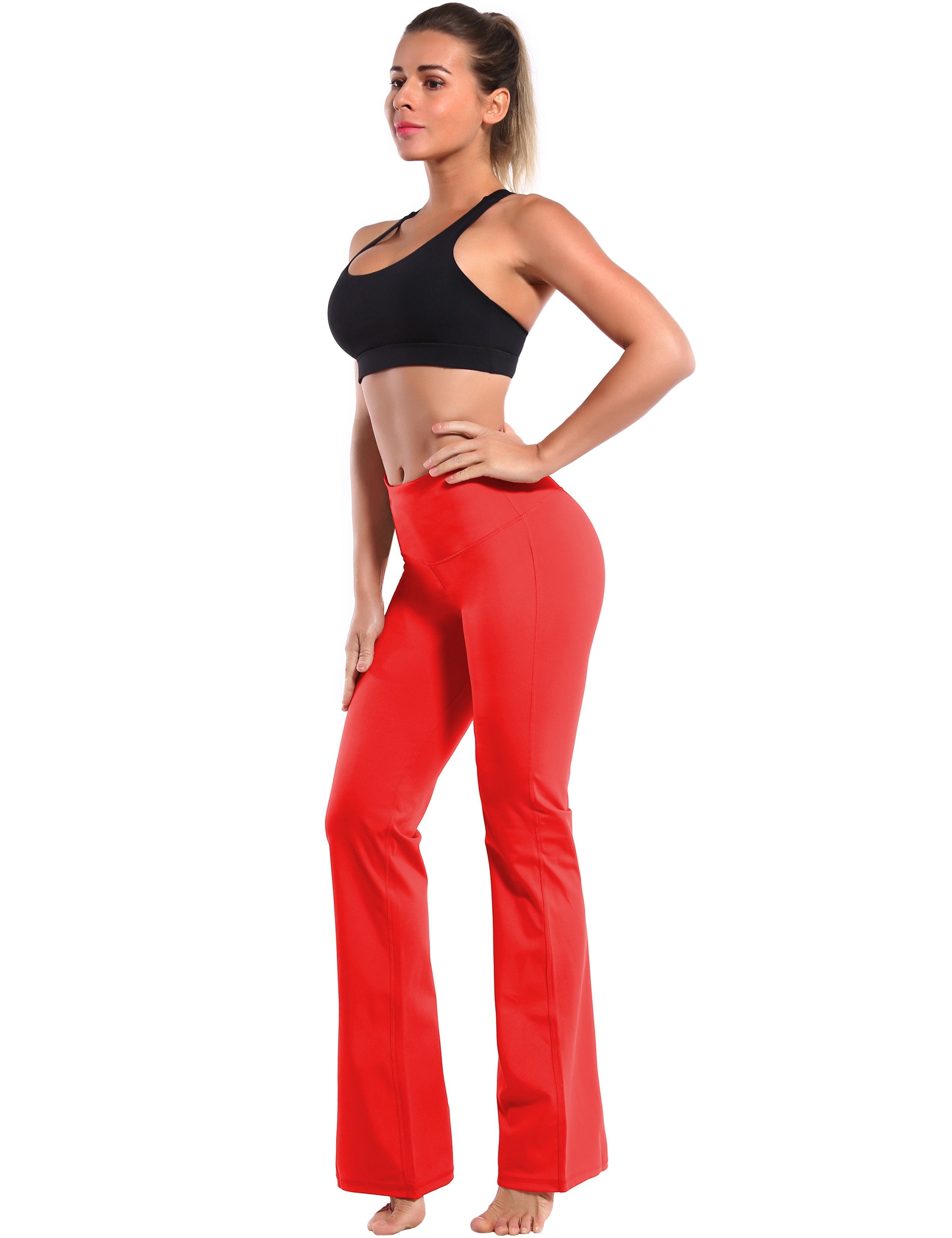 High Waist Bootcut Leggings Scarlet 75%Nylon/25%Spandex Fabric doesn't attract lint easily 4-way stretch No see-through Moisture-wicking Tummy control Inner pocket Five lengths