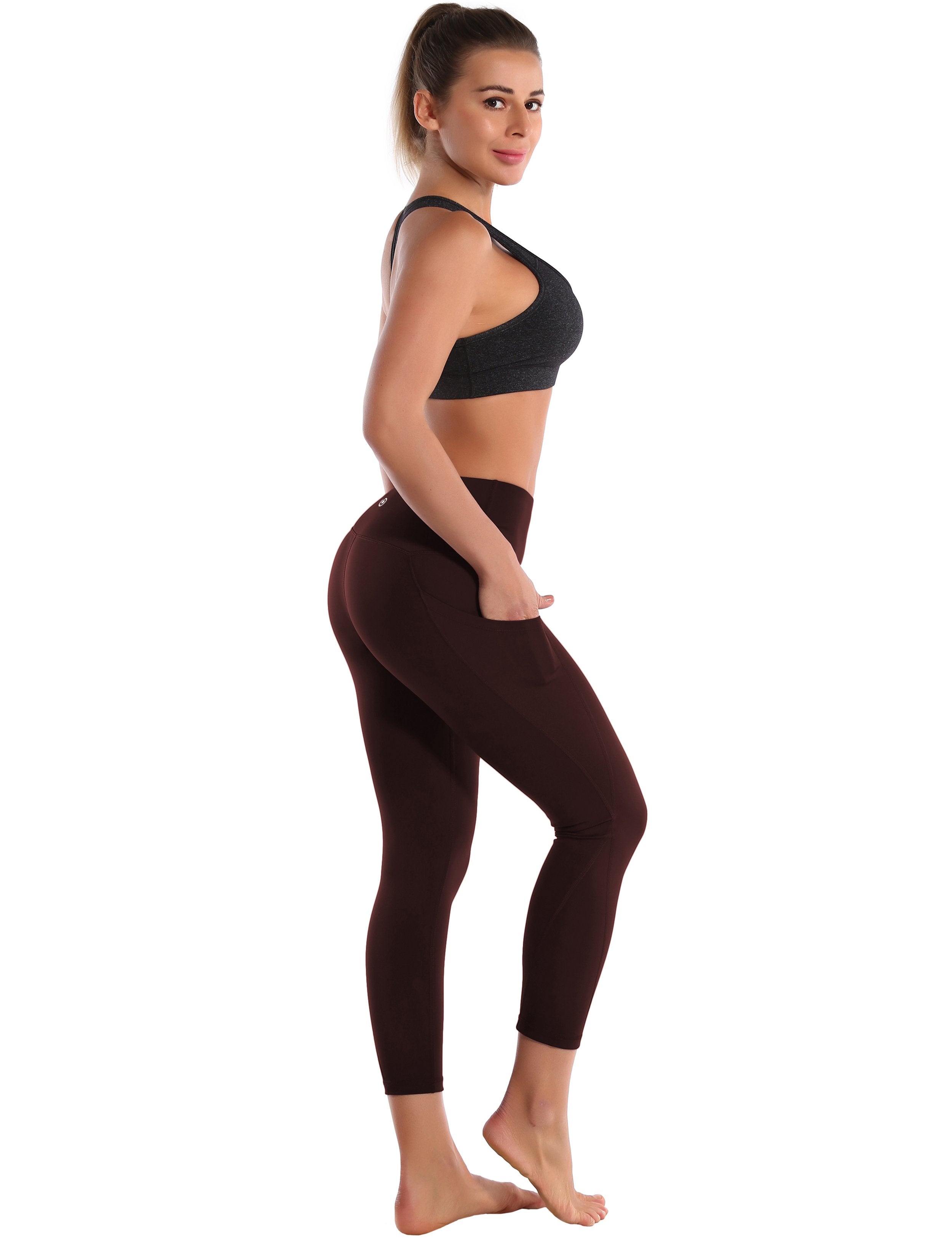 22" High Waist Side Pockets Capris mahoganymaroon 75%Nylon/25%Spandex Fabric doesn't attract lint easily 4-way stretch No see-through Moisture-wicking Tummy control Inner pocket