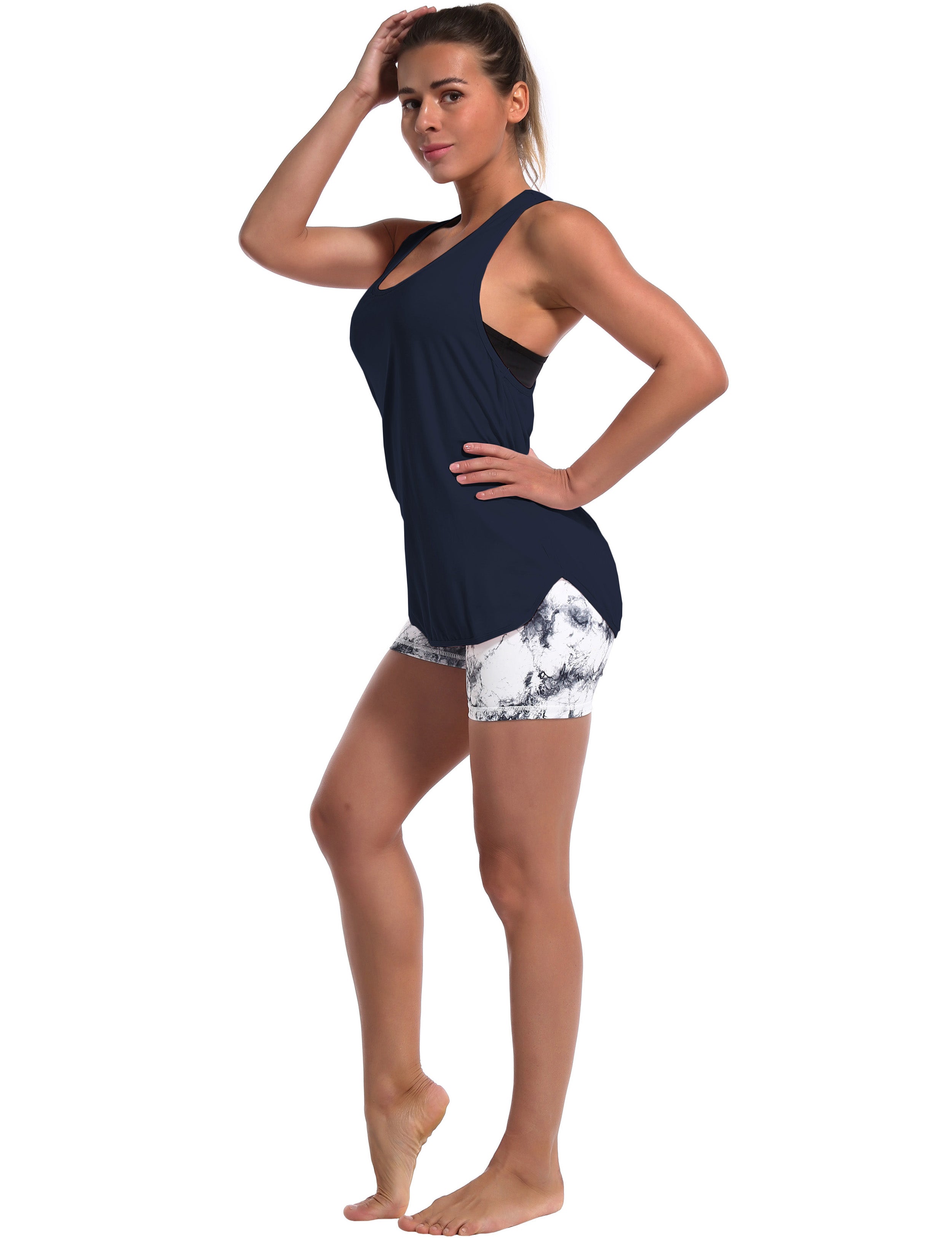 Loose Fit Racerback Tank Top darknavy Designed for On the Move Loose fit 93%Modal/7%Spandex Four-way stretch Naturally breathable Super-Soft, Modal Fabric