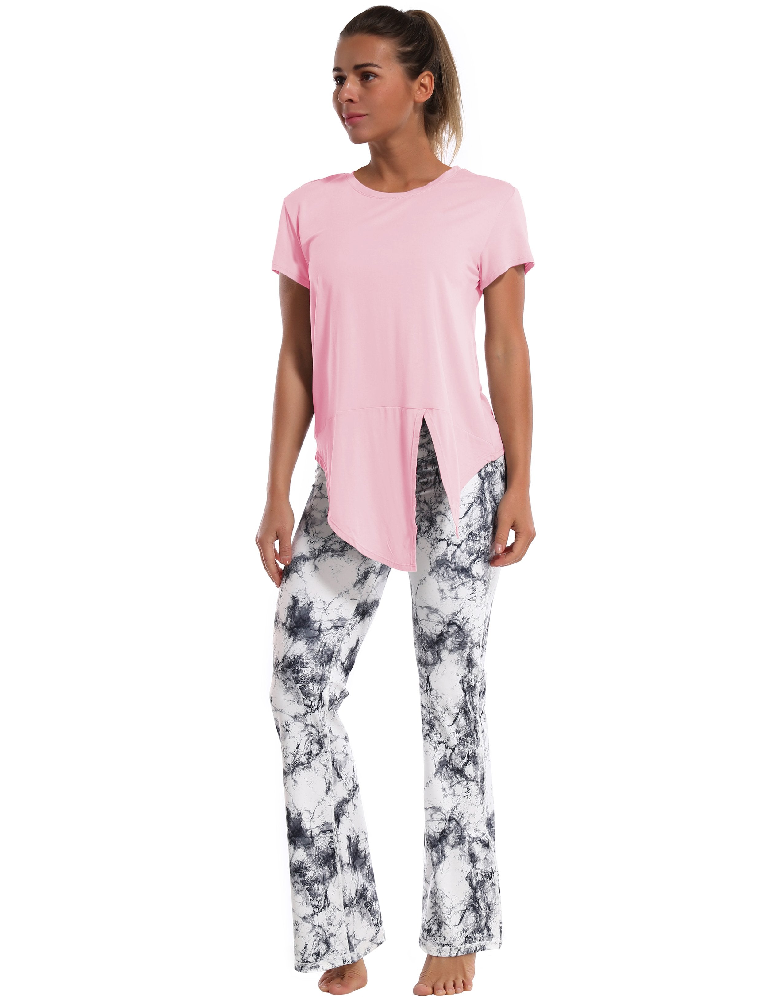 Tie Up Crop Top Short Sleeve T-Shirt lightpink ins_Pilates