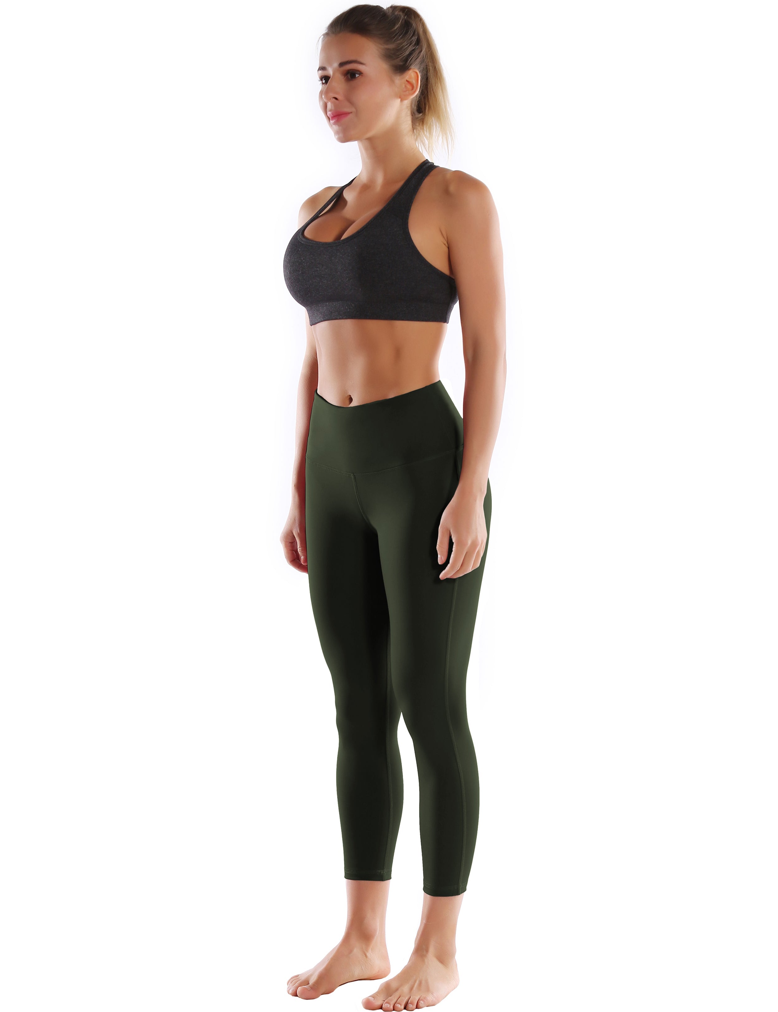 22" High Waist Side Line Capris olivegray 75%Nylon/25%Spandex Fabric doesn't attract lint easily 4-way stretch No see-through Moisture-wicking Tummy control Inner pocket