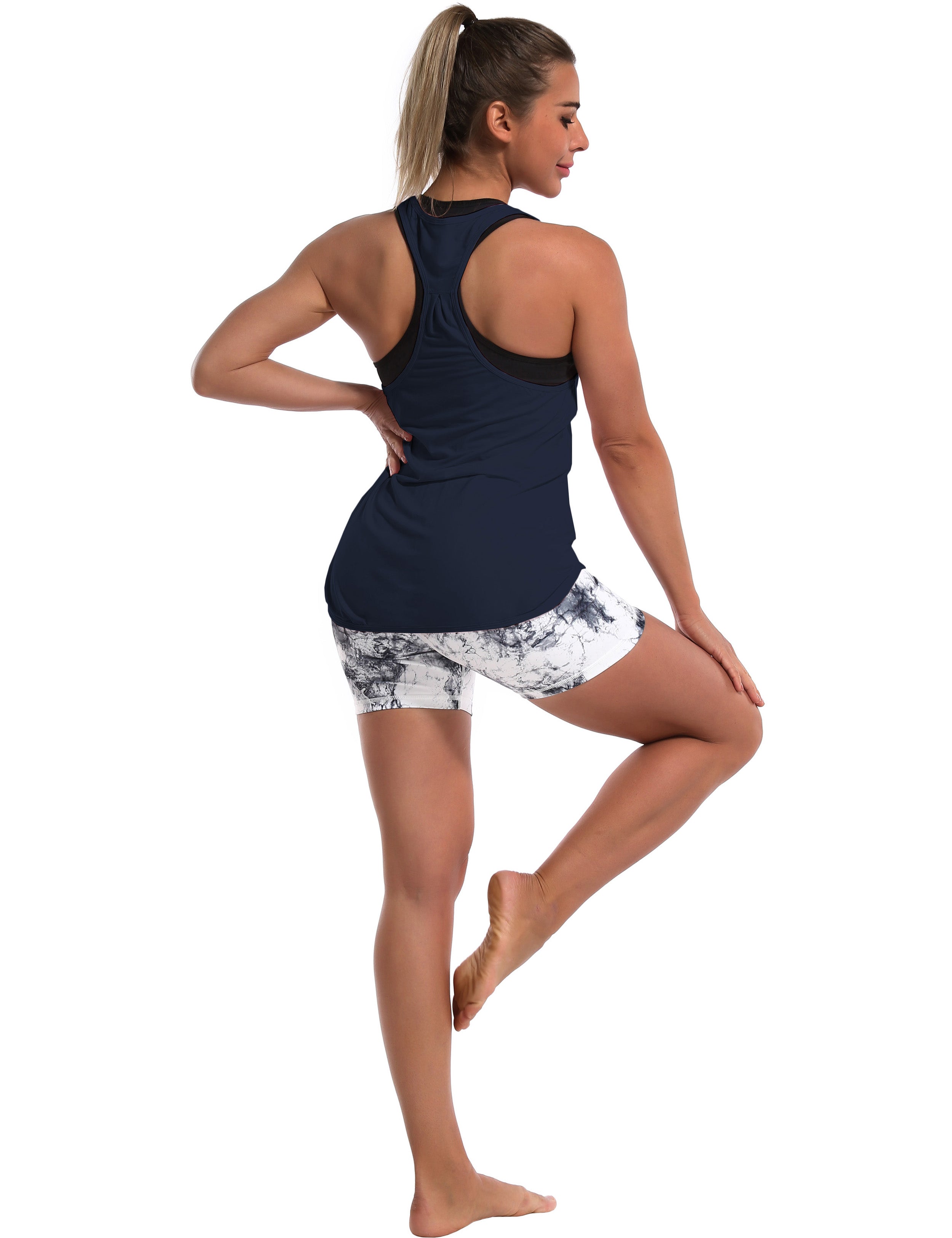 Loose Fit Racerback Tank Top darknavy Designed for On the Move Loose fit 93%Modal/7%Spandex Four-way stretch Naturally breathable Super-Soft, Modal Fabric