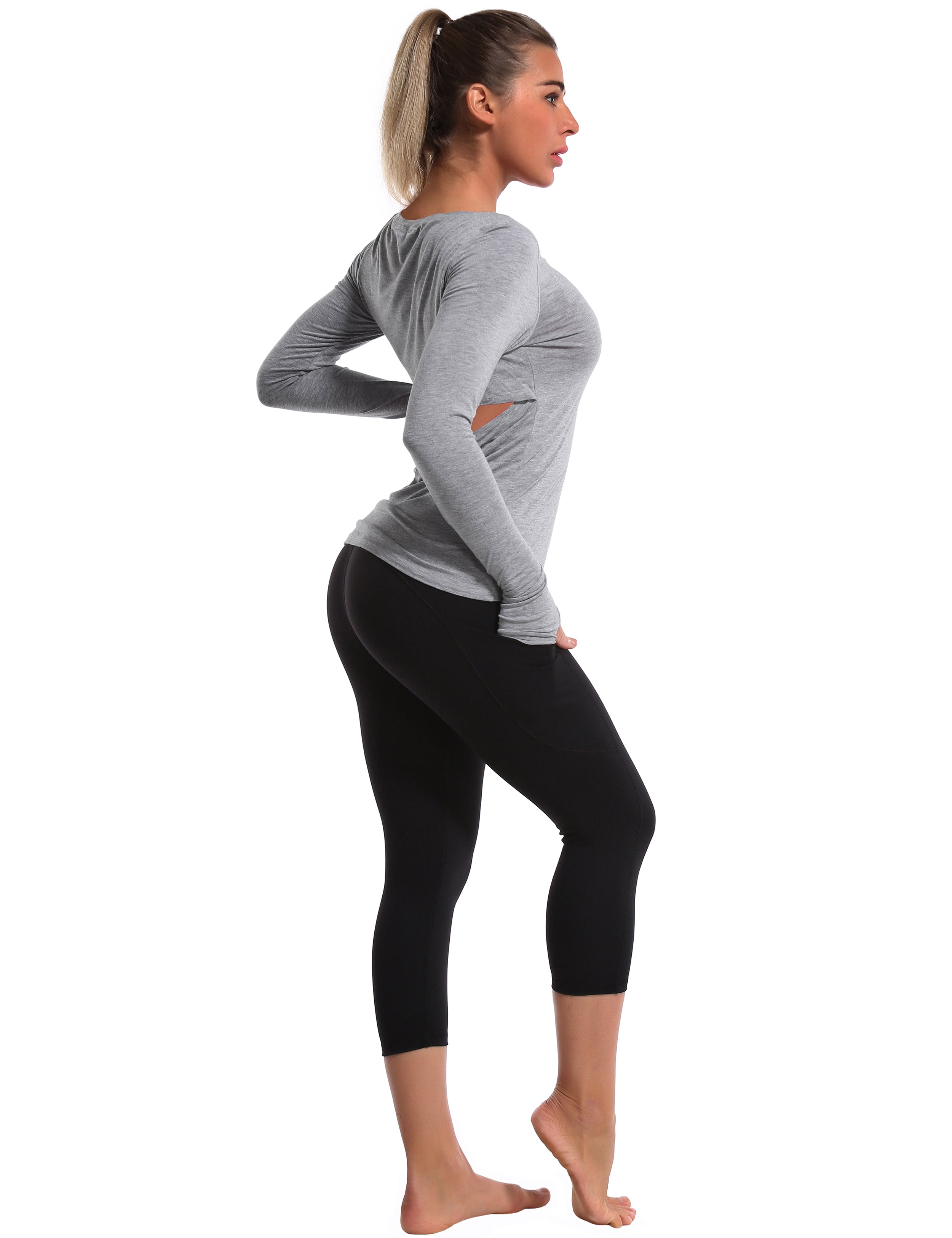 Open Back Long Sleeve Tops heathergray Designed for On the Move Slim fit 93%Modal/7%Spandex Four-way stretch Naturally breathable Super-Soft, Modal Fabric