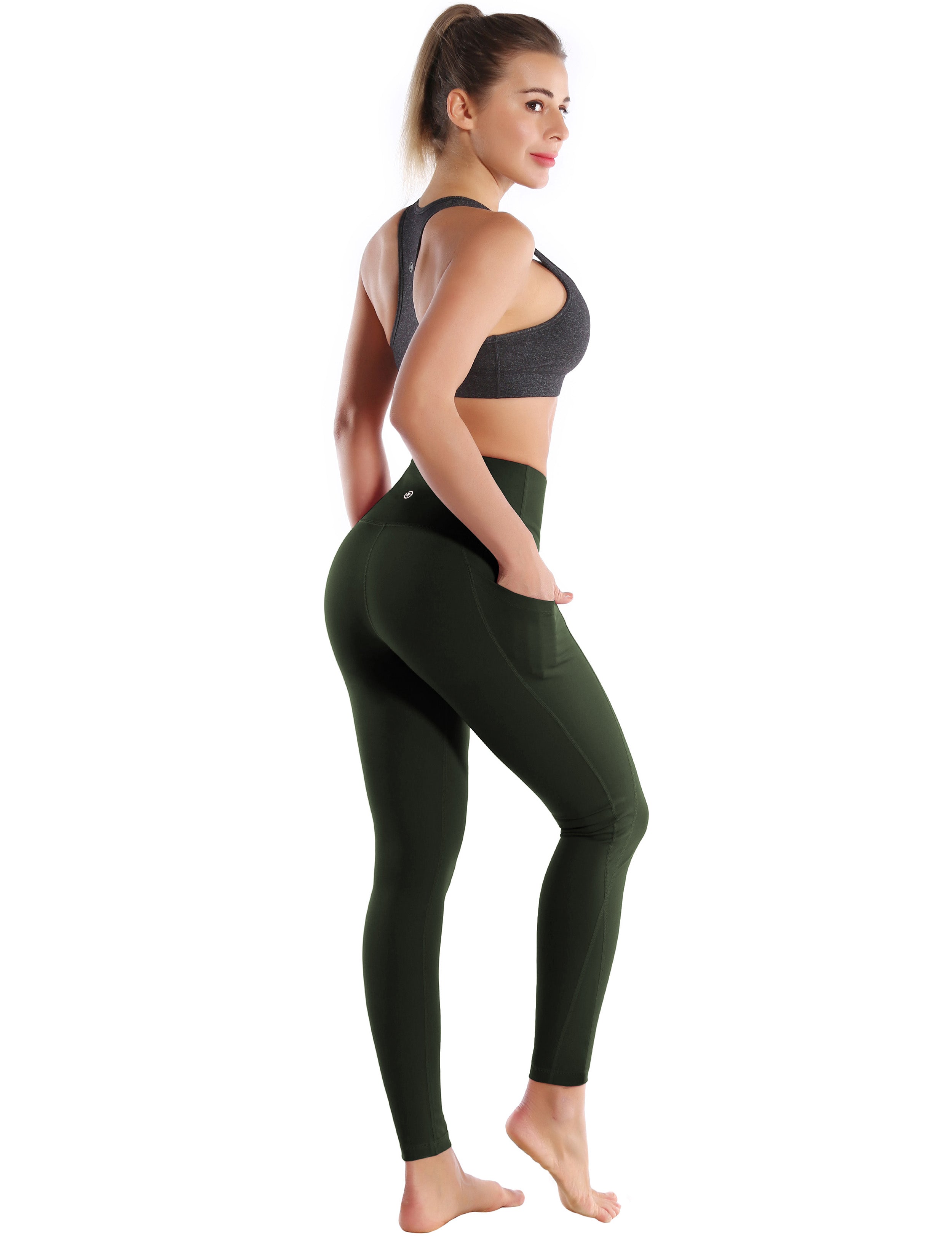 High Waist Side Pockets Running Pants olivegray 75% Nylon, 25% Spandex Fabric doesn't attract lint easily 4-way stretch No see-through Moisture-wicking Tummy control Inner pocket