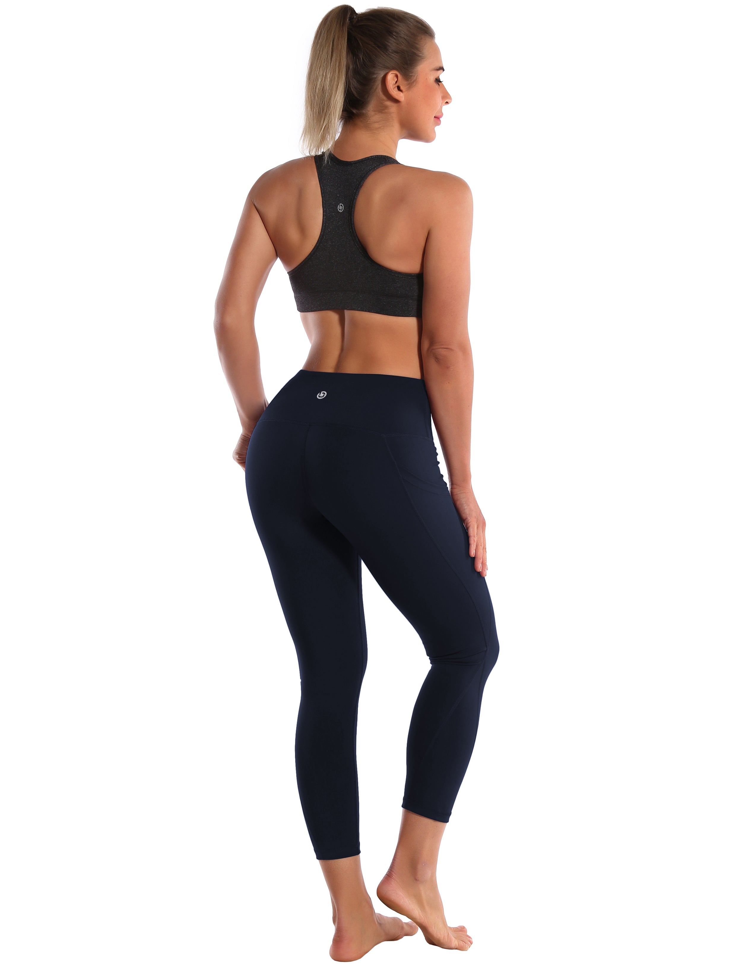 22" High Waist Side Pockets Capris darknavy 75%Nylon/25%Spandex Fabric doesn't attract lint easily 4-way stretch No see-through Moisture-wicking Tummy control Inner pocket