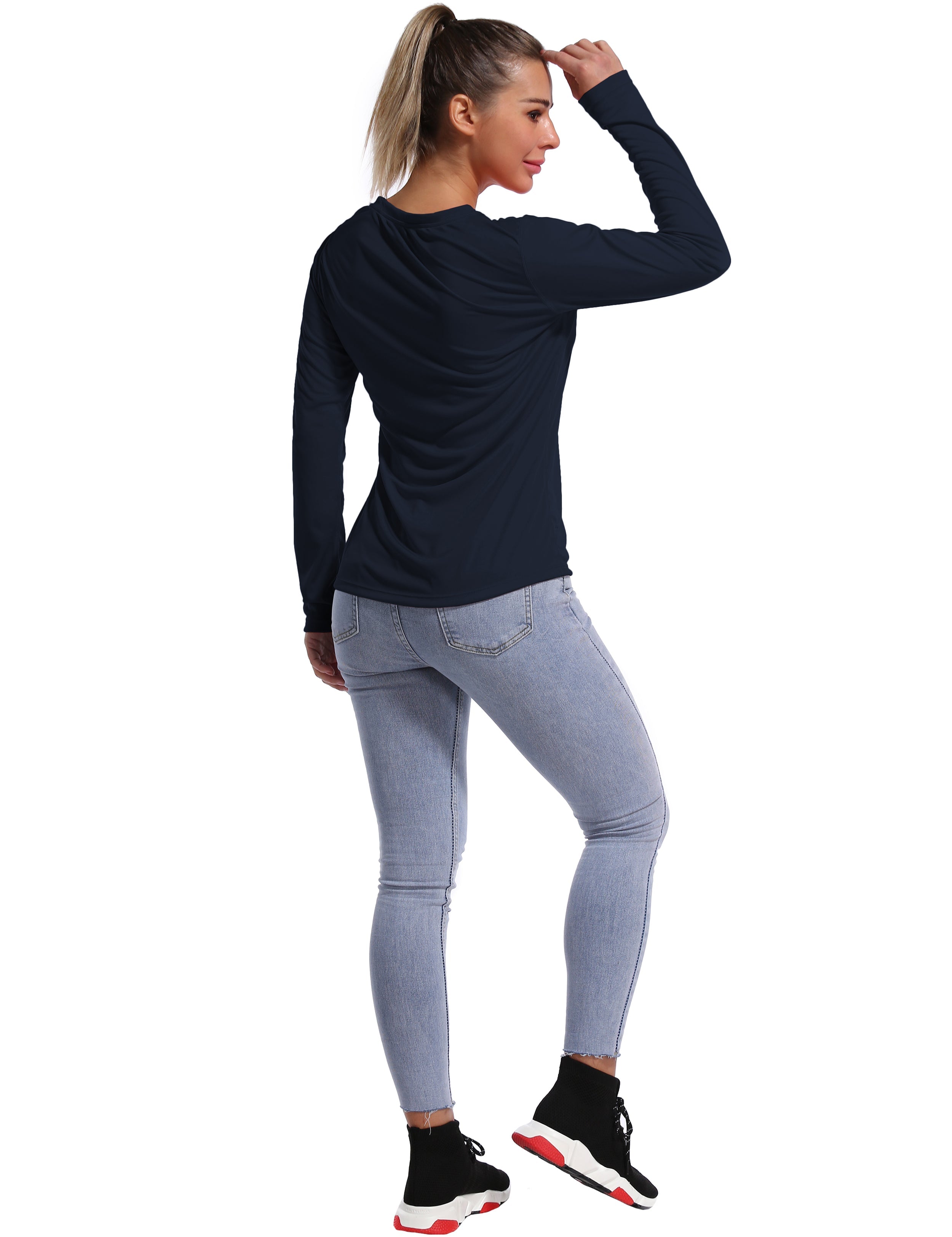 V Neck Long Sleeve Athletic Shirts darknavy_Gym