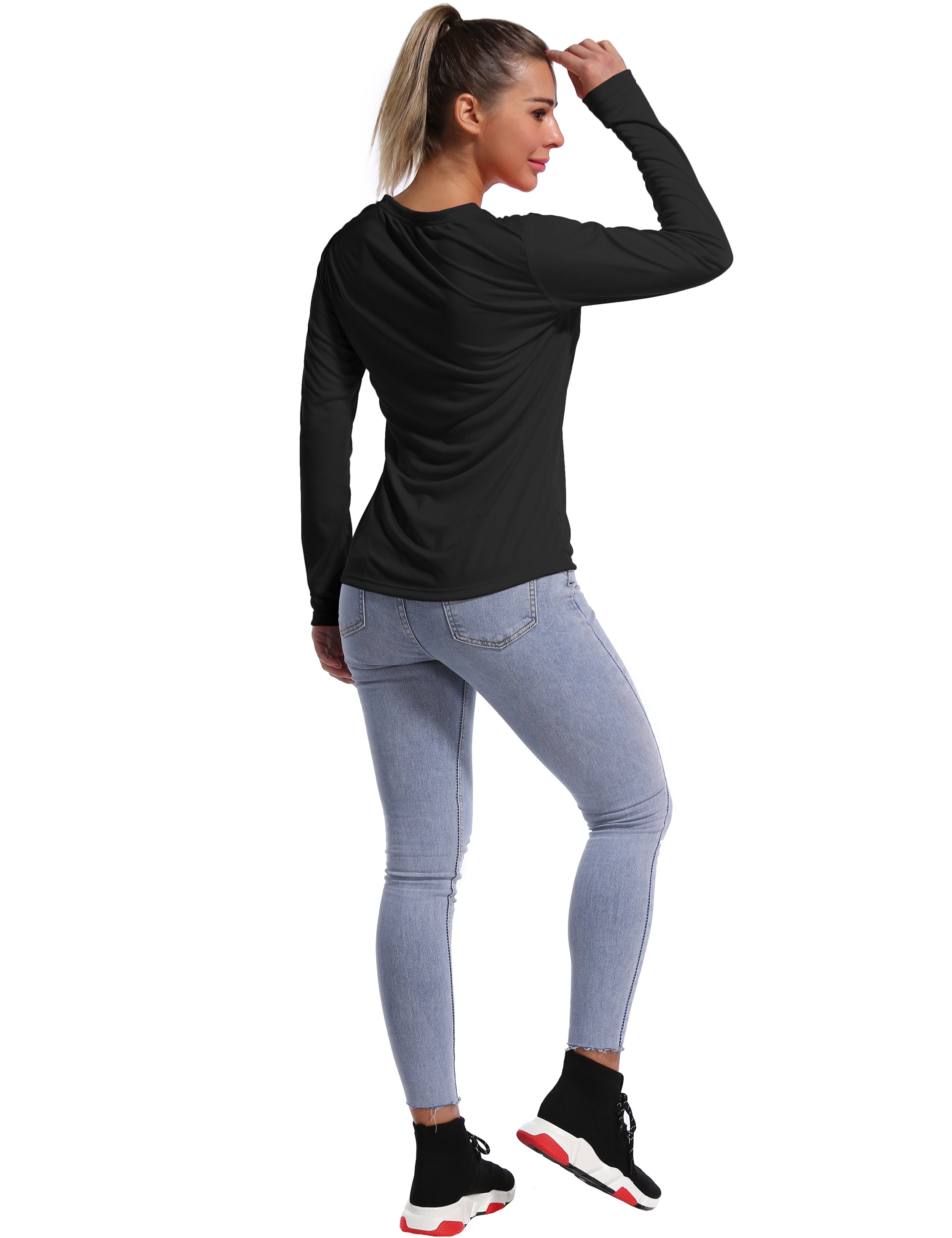 V Neck Long Sleeve Athletic Shirts black_Jogging