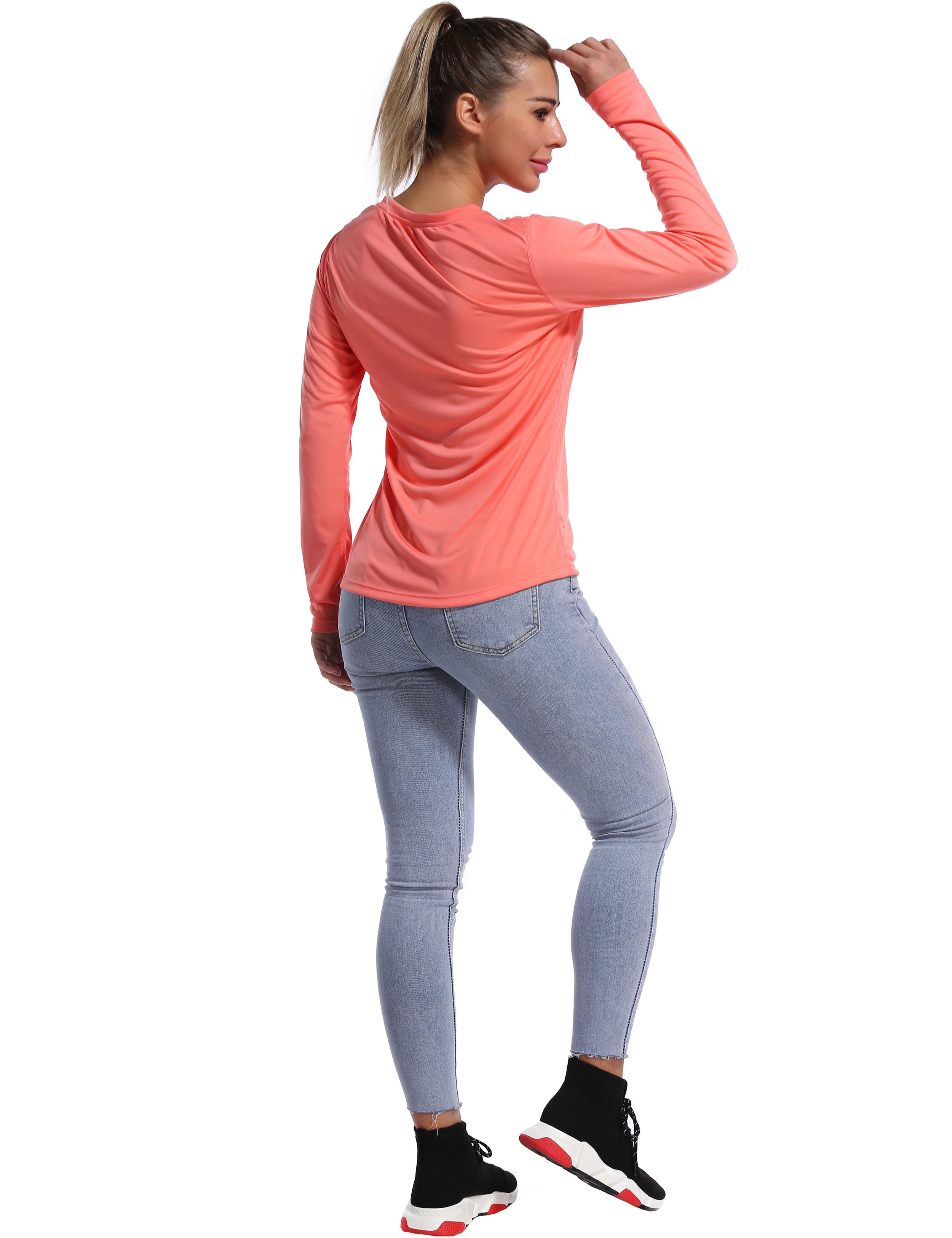 V Neck Long Sleeve Athletic Shirts coral_Biking