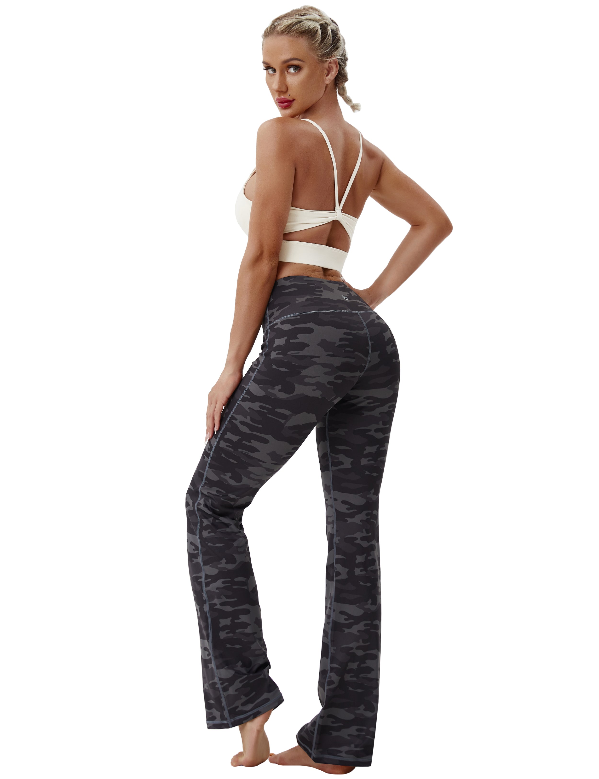 High Waist Printed Bootcut Leggings dimgray camo 78%Polyester/22%Spandex Fabric doesn't attract lint easily 4-way stretch No see-through Moisture-wicking Tummy control Inner pocket Five lengths