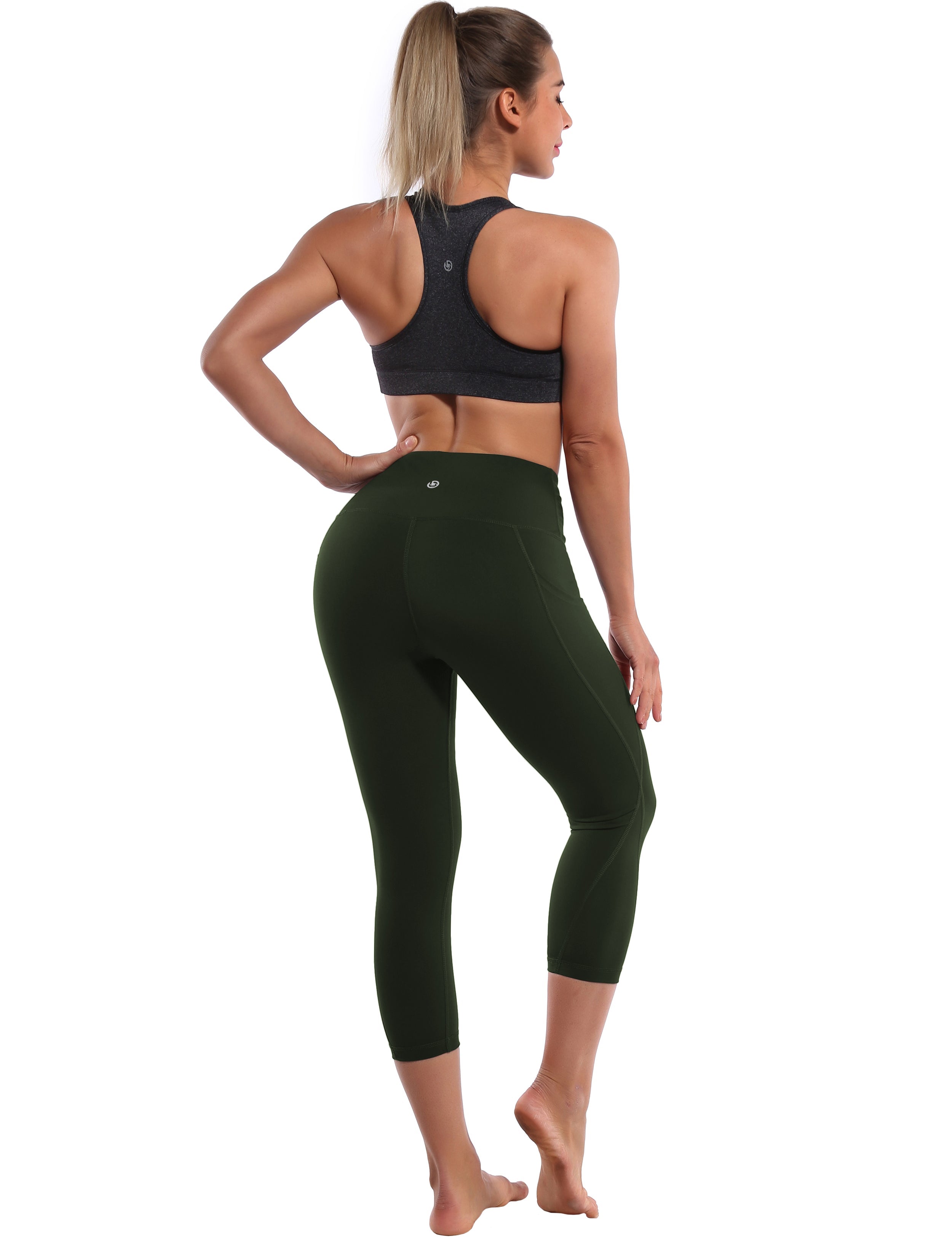 19" High Waist Side Pockets Capris olivegray 75%Nylon/25%Spandex Fabric doesn't attract lint easily 4-way stretch No see-through Moisture-wicking Tummy control Inner pocket