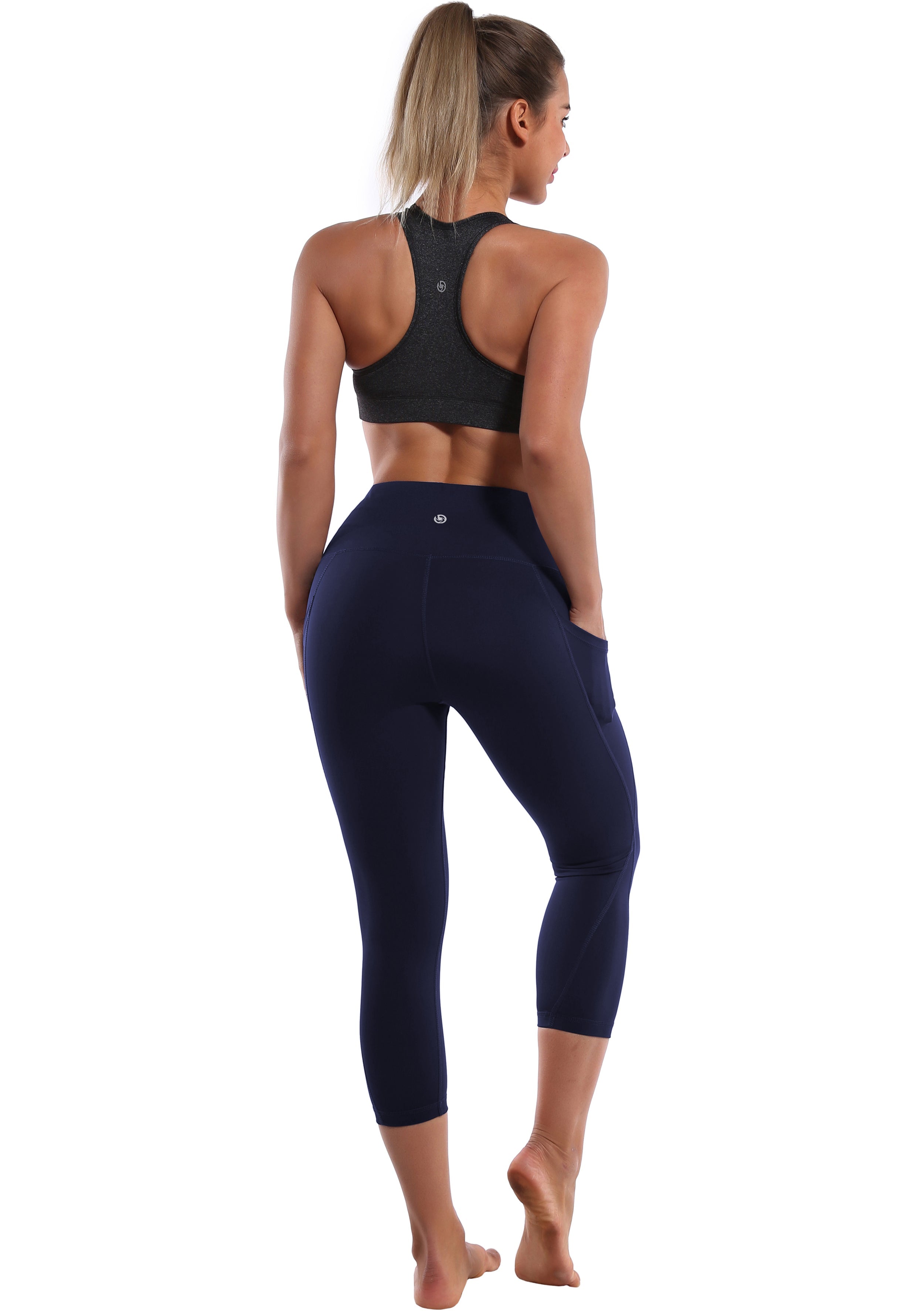 19" High Waist Side Pockets Capris darknavy 75%Nylon/25%Spandex Fabric doesn't attract lint easily 4-way stretch No see-through Moisture-wicking Tummy control Inner pocket