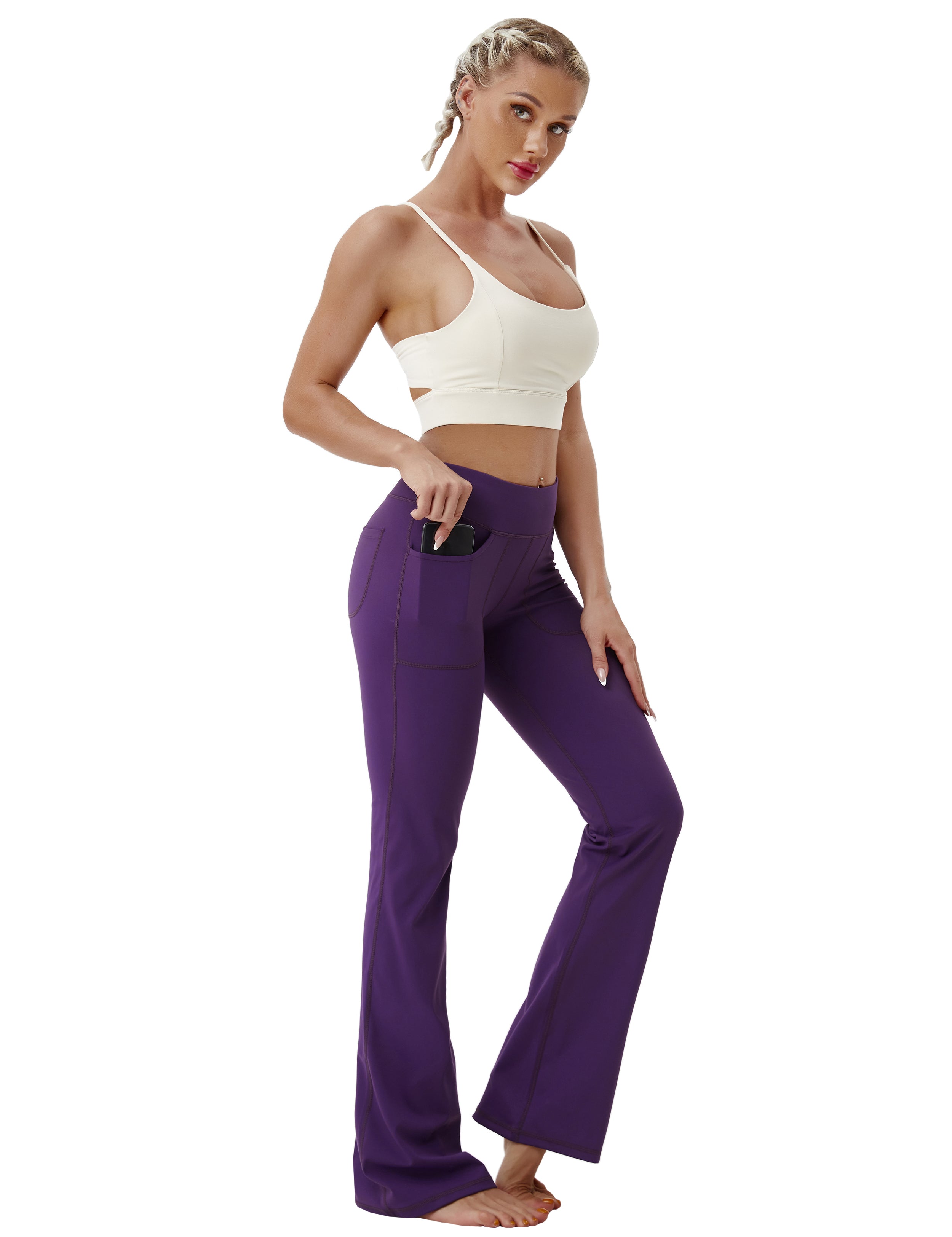 4 Pockets Bootcut Leggings eggplantpurple 75%Nylon/25%Spandex Fabric doesn't attract lint easily 4-way stretch No see-through Moisture-wicking Inner pocket Four lengths