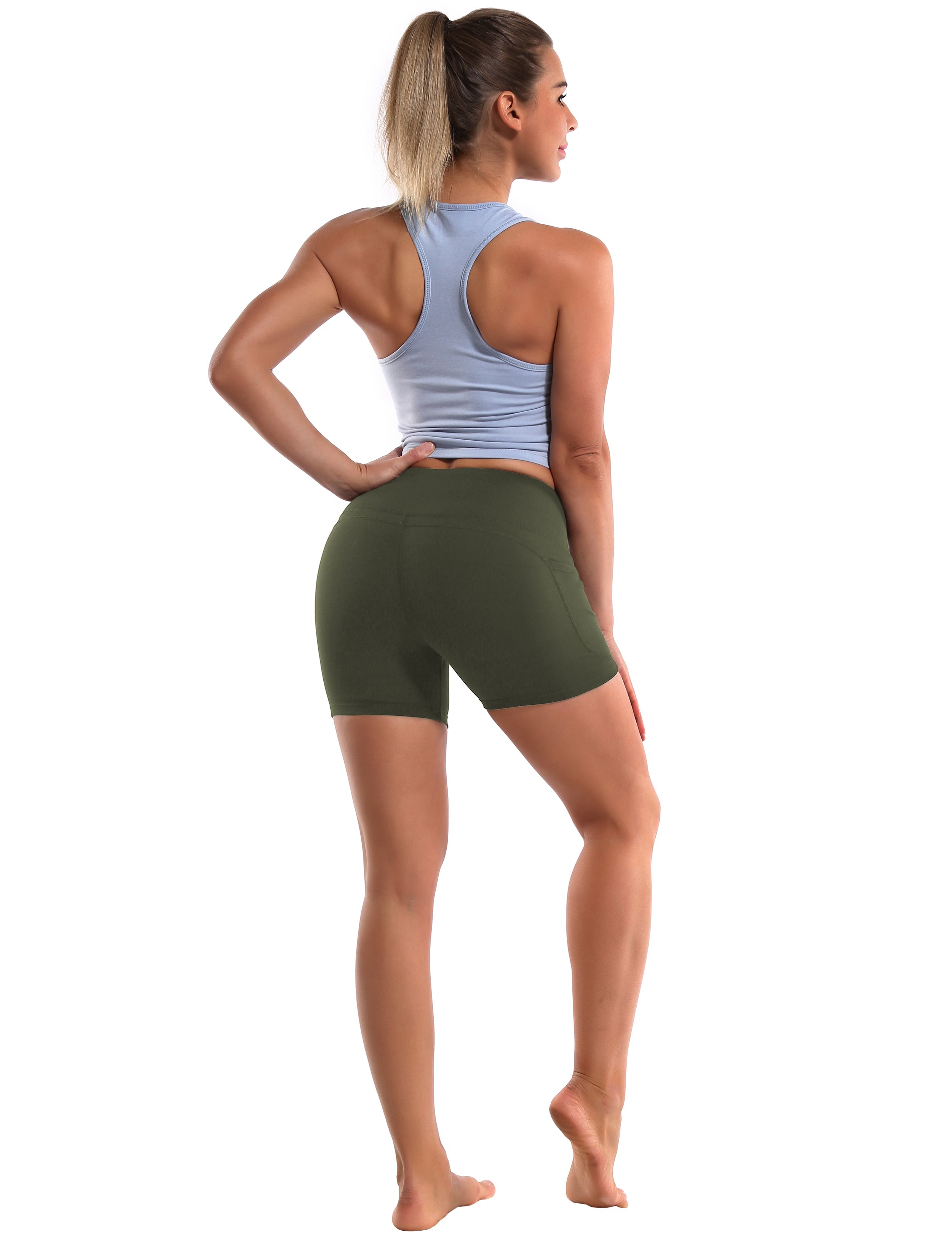 High Waist Side Pockets yogastudio Shorts green Softest-ever fabric High elasticity 4-way stretch Fabric doesn't attract lint easily No see-through Moisture-wicking Machine wash 88% Nylon, 12% Spandex