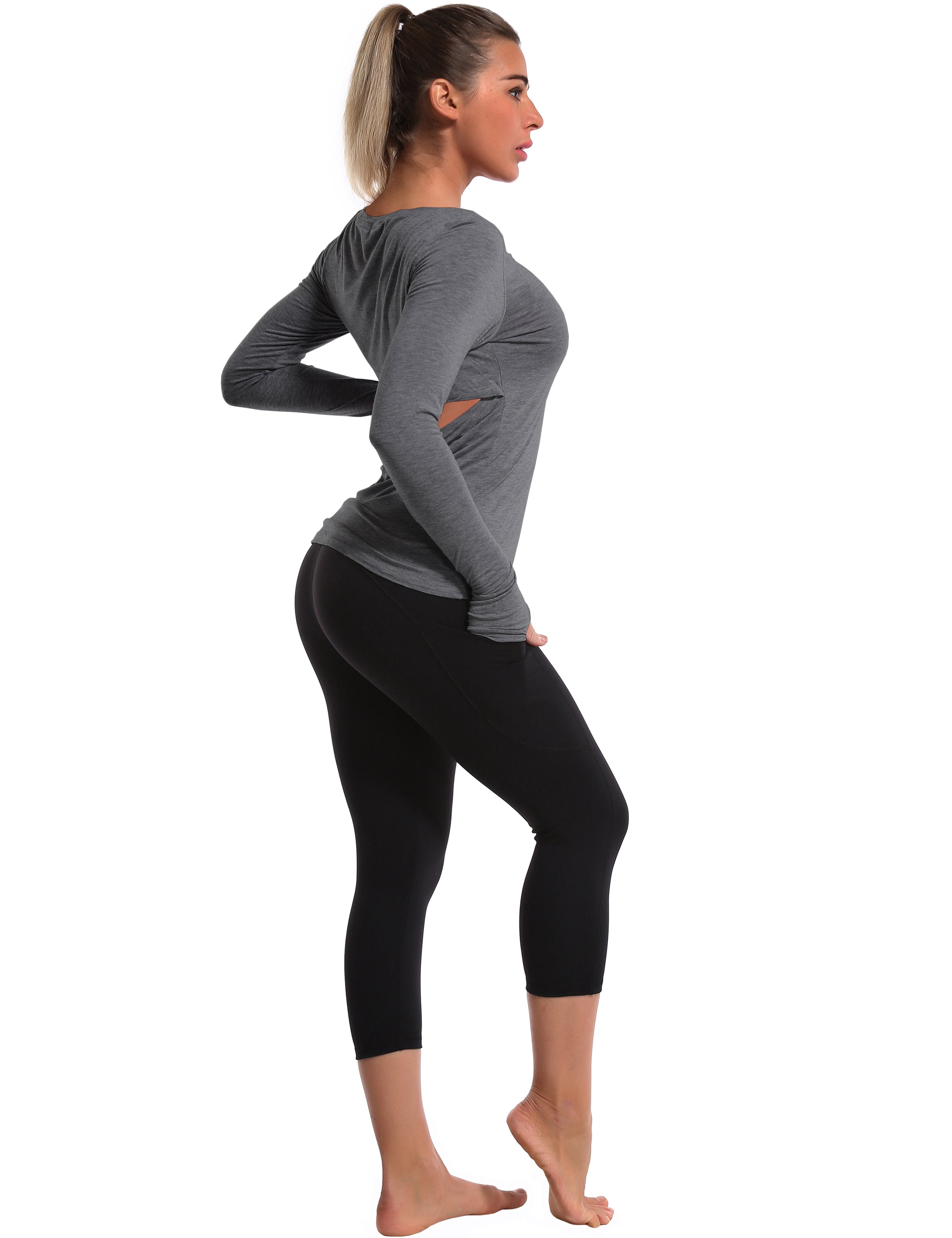 Open Back Long Sleeve Tops heathercharcoal Designed for On the Move Slim fit 93%Modal/7%Spandex Four-way stretch Naturally breathable Super-Soft, Modal Fabric