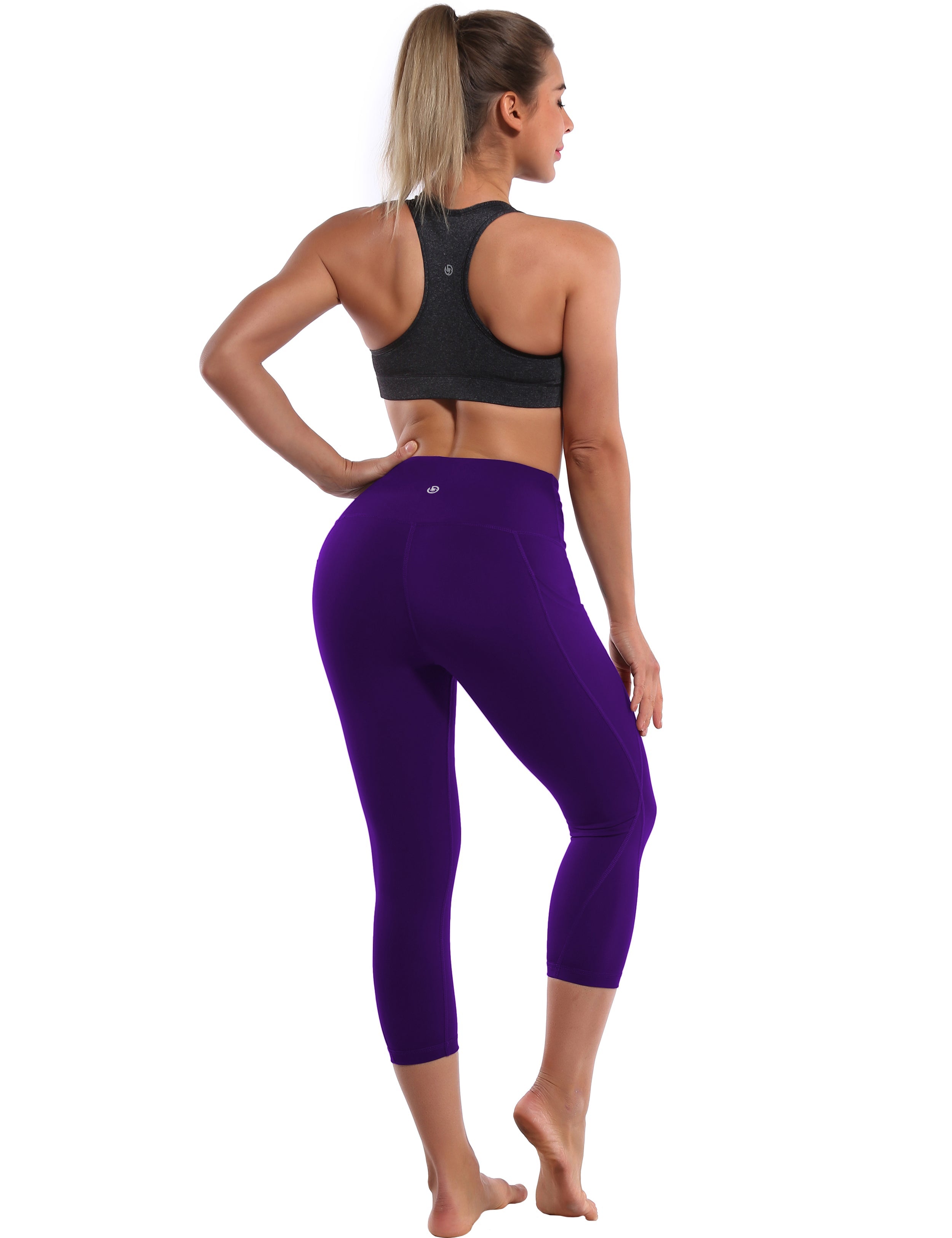 19" High Waist Side Pockets Capris eggplantpurple 75%Nylon/25%Spandex Fabric doesn't attract lint easily 4-way stretch No see-through Moisture-wicking Tummy control Inner pocket